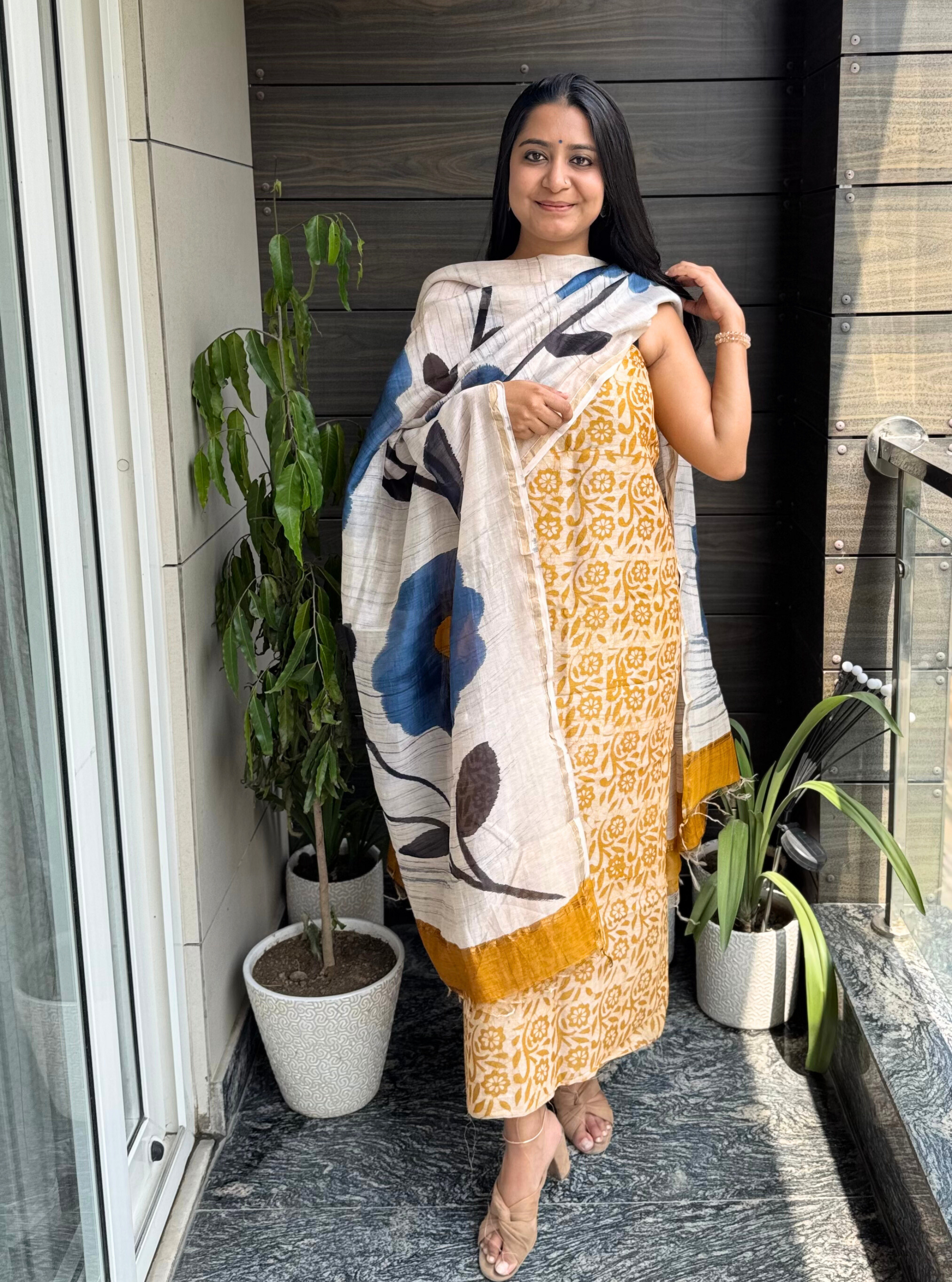 Golden Bloom Chanderi Silk Block Print Suit