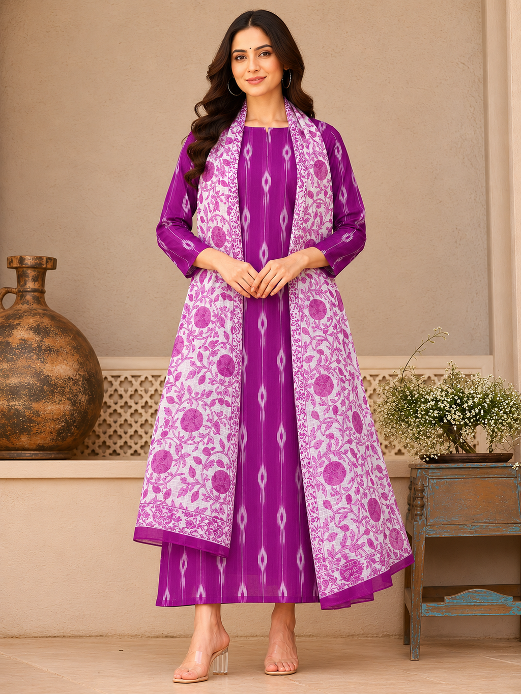 Lavender Ikat Cotton Kurta with Printed Kota Doria Dupatta
