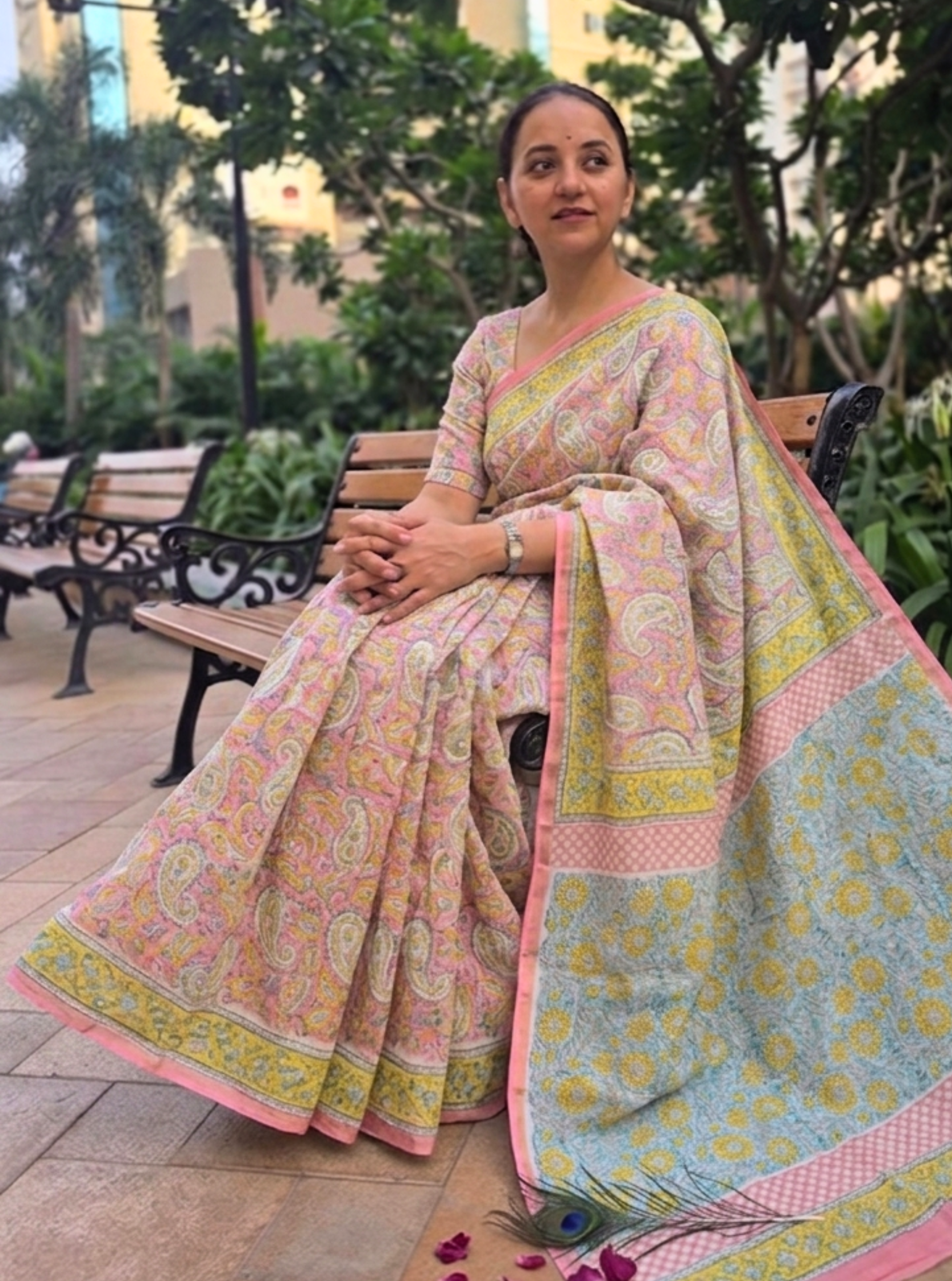 Pastel Pink Chanderi Handblock Saree