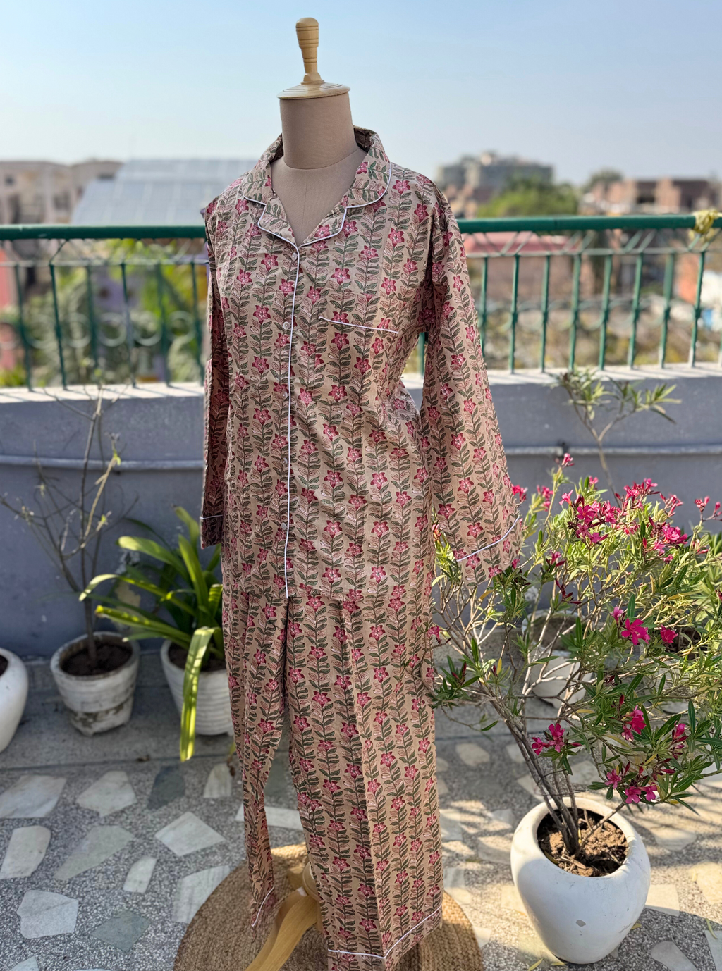 Blush Bloom Blockprint Nightsuit