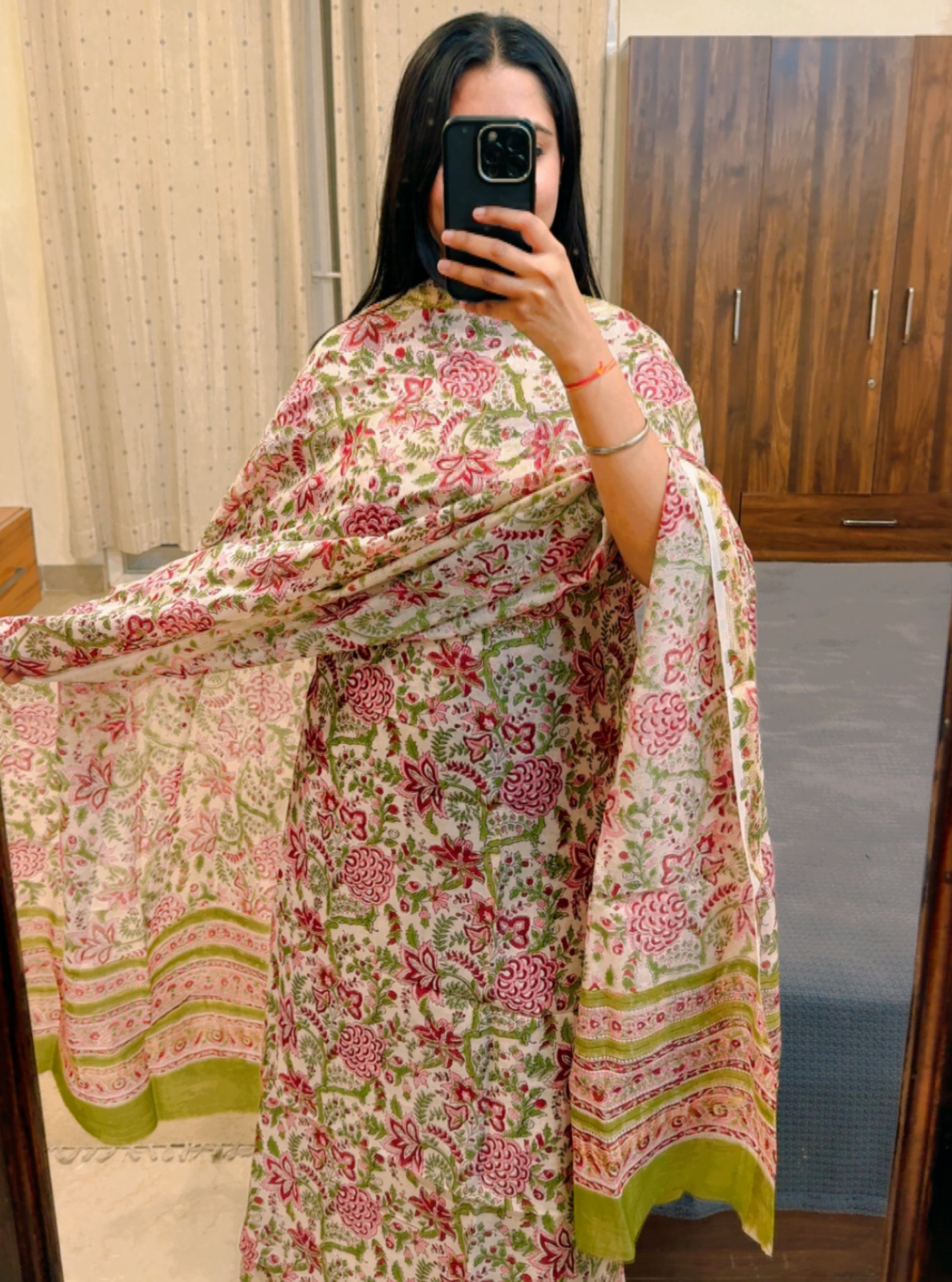 Gulbagh Pink-Green Maheshwari Handblock Suit Set