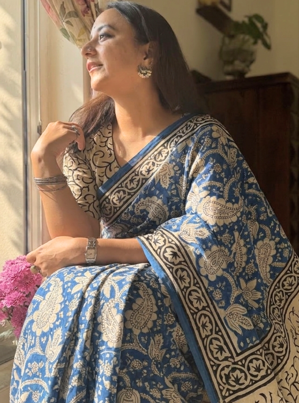 Indigo Viraasat – Paisley Handblock Cotton Mulmul Saree