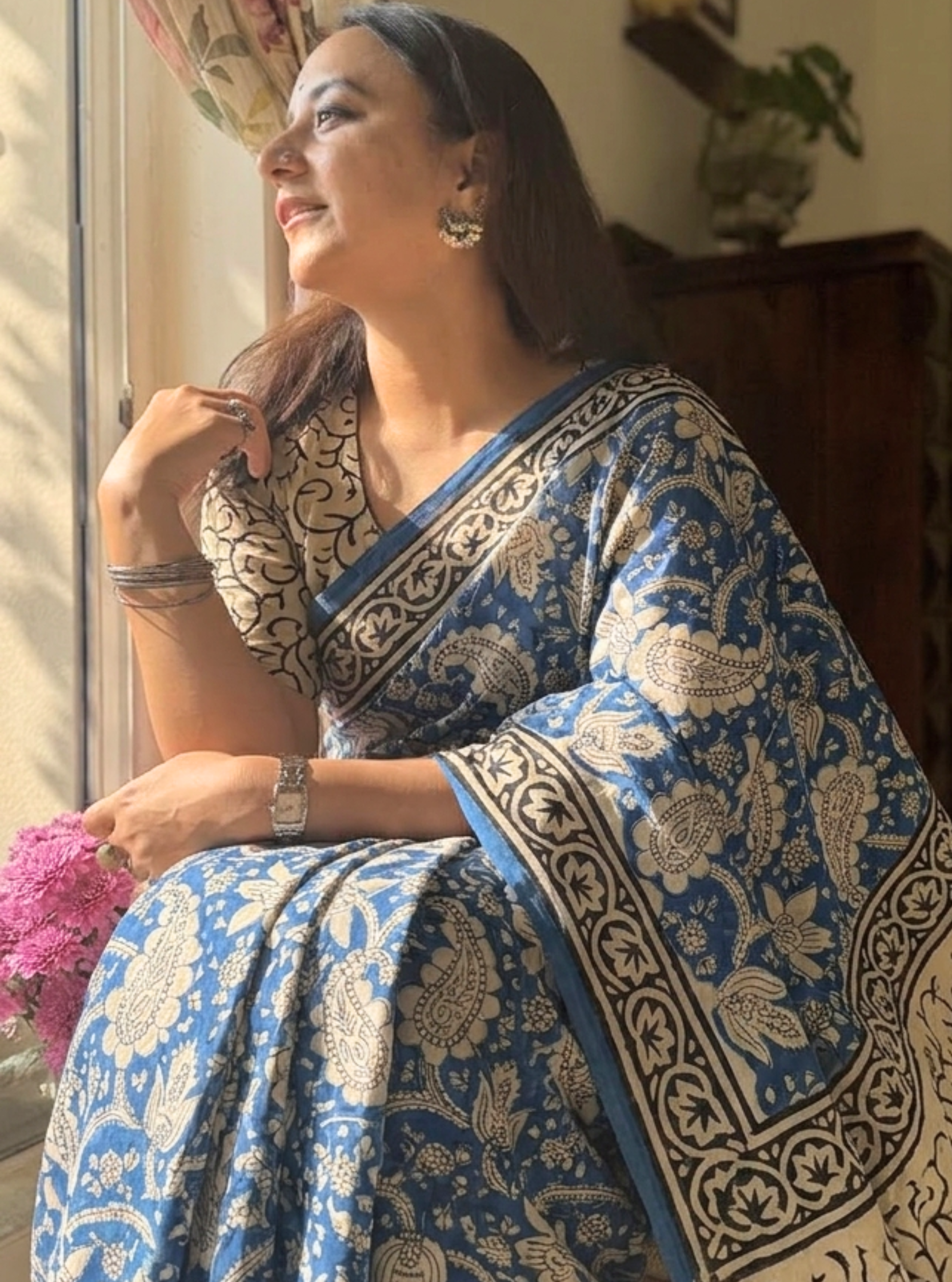 Indigo Viraasat – Paisley Handblock Cotton Mulmul Saree