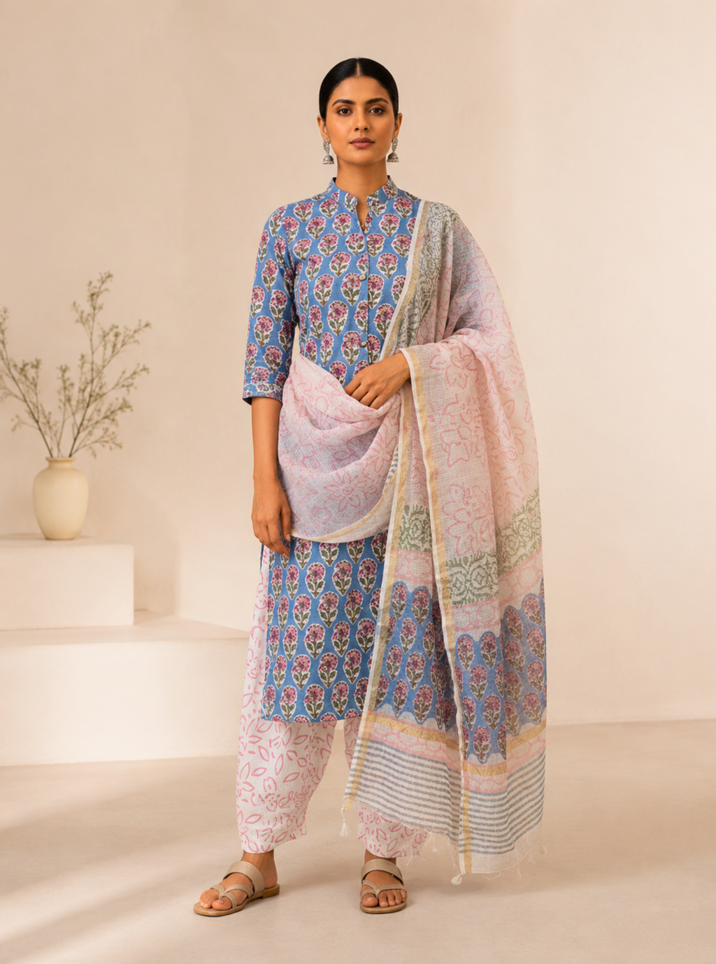 Blush Blue Phool Cotton Mul Suit Set with Kotadoriya Dupatta