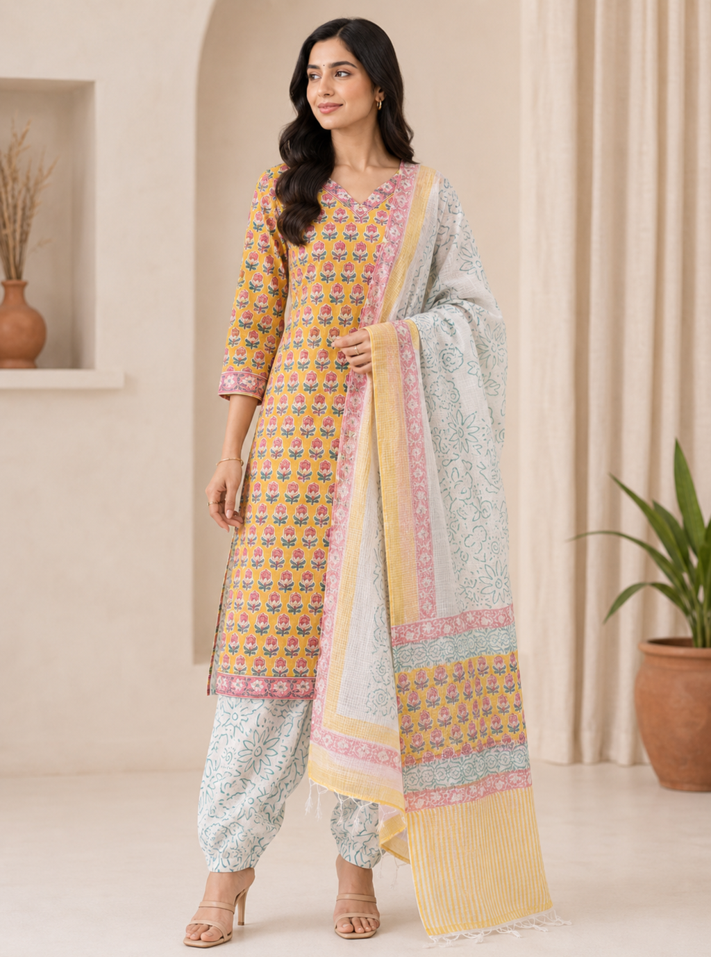 Mustard Aqua Phool Cotton Mul Suit Set with Kotadoriya Dupatta