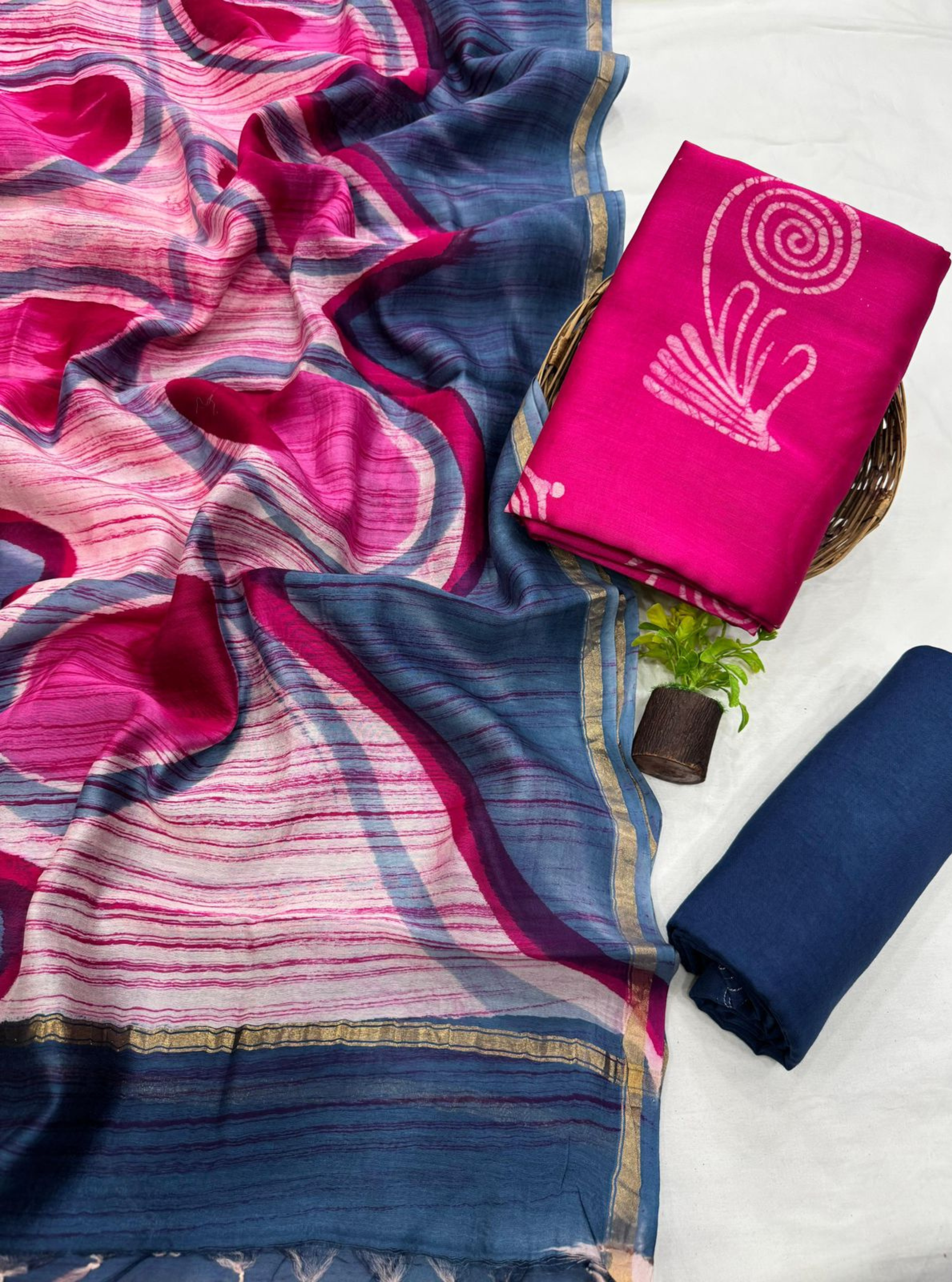 Rose Pink with Indigo Block Print Chanderi Silk Suit Set
