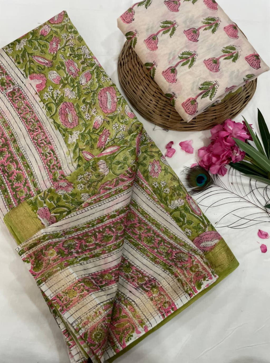 Gulmohar Bloom Maheshwari Silk Blockprint Saree