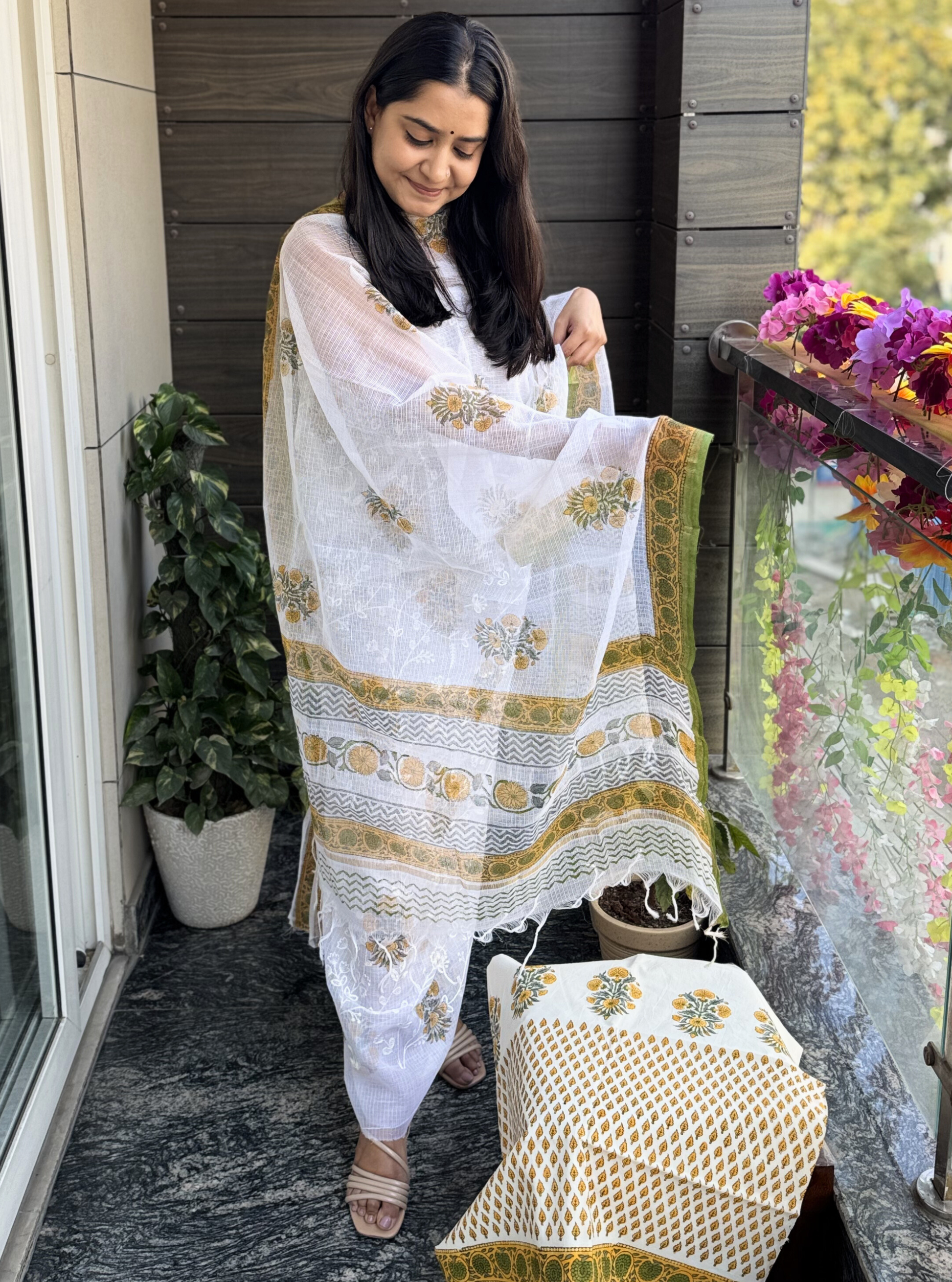 Mustard Meadow Hand Block Kota Doriya Suit Set