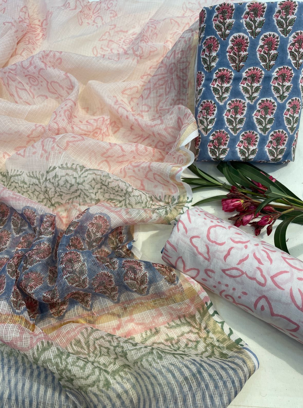 Blush Blue Phool Cotton Mul Suit Set with Kotadoriya Dupatta