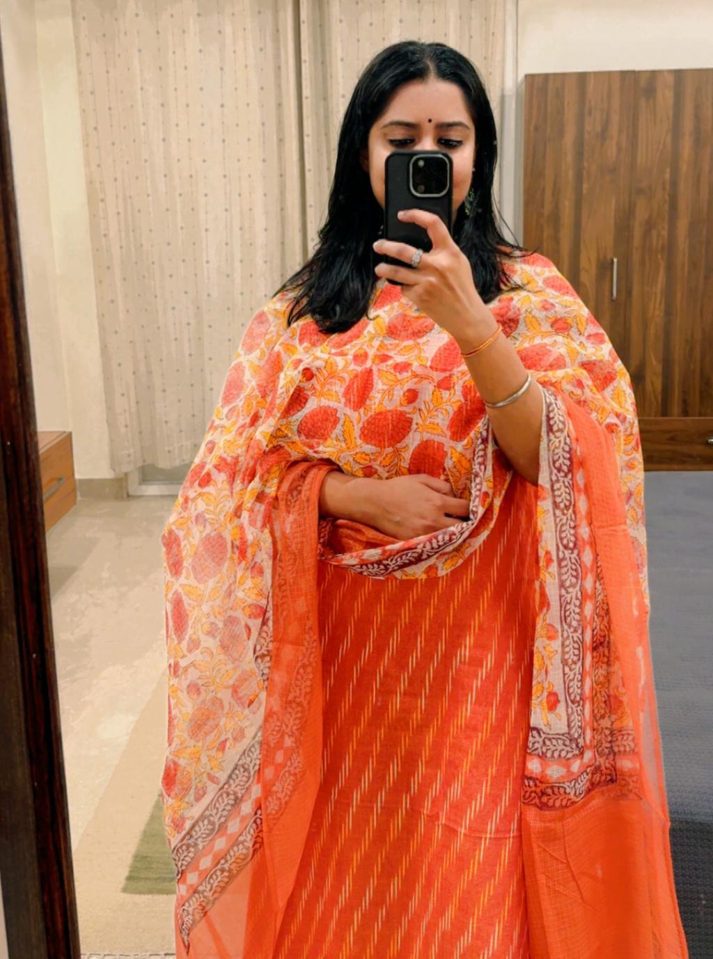 Rust orange Ikkat Kurta with Kotadoriya Dupatta