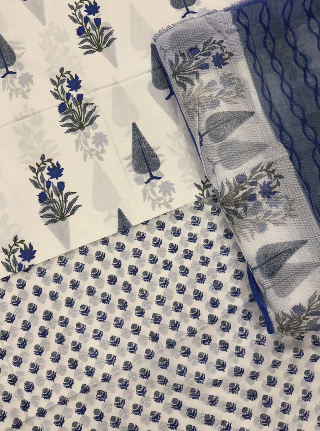 Blue Blossom Blockprint with Kota Doria Dupatta