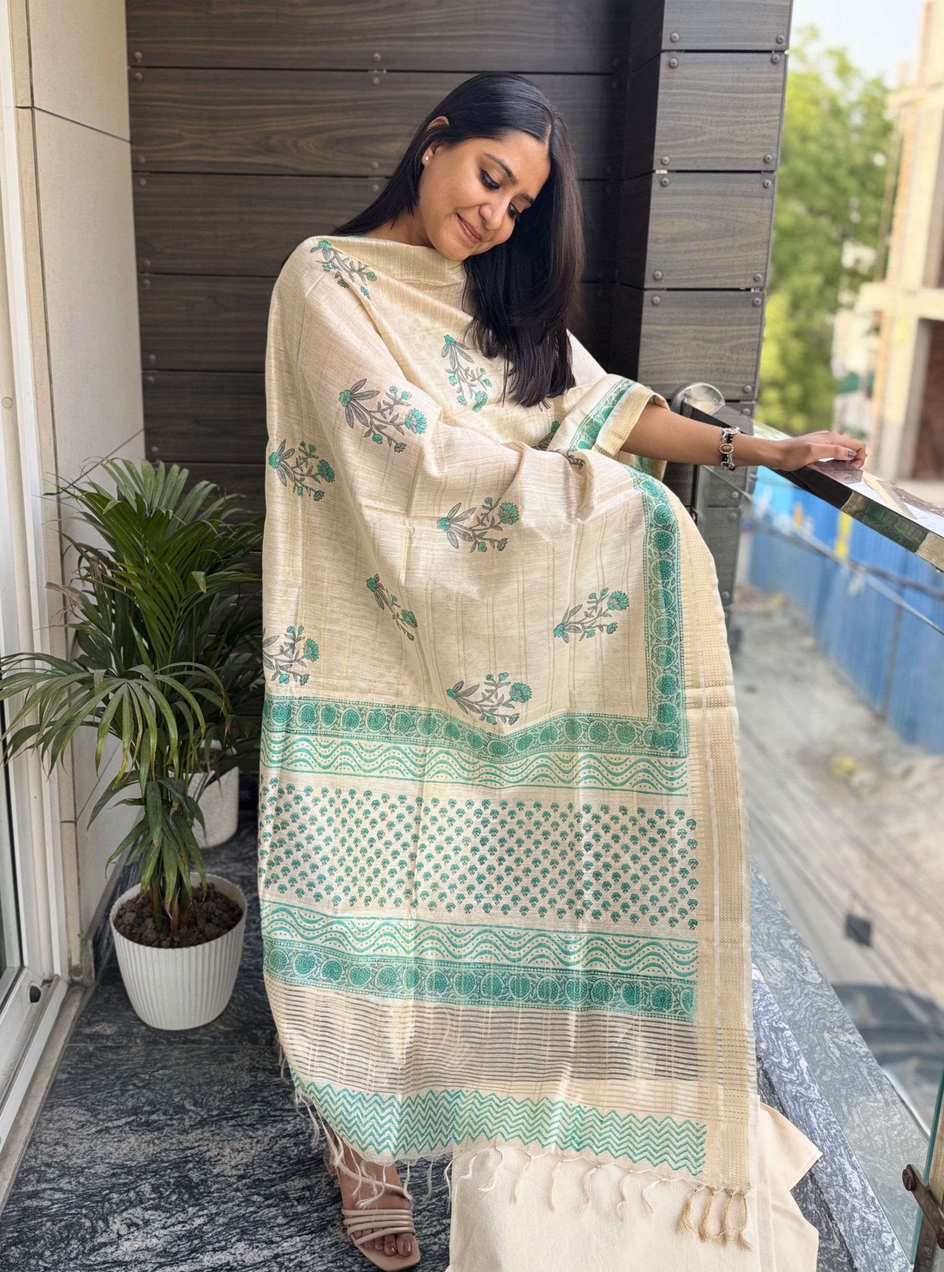 Mint Meadow Handblock Moonga Silk Suit Set