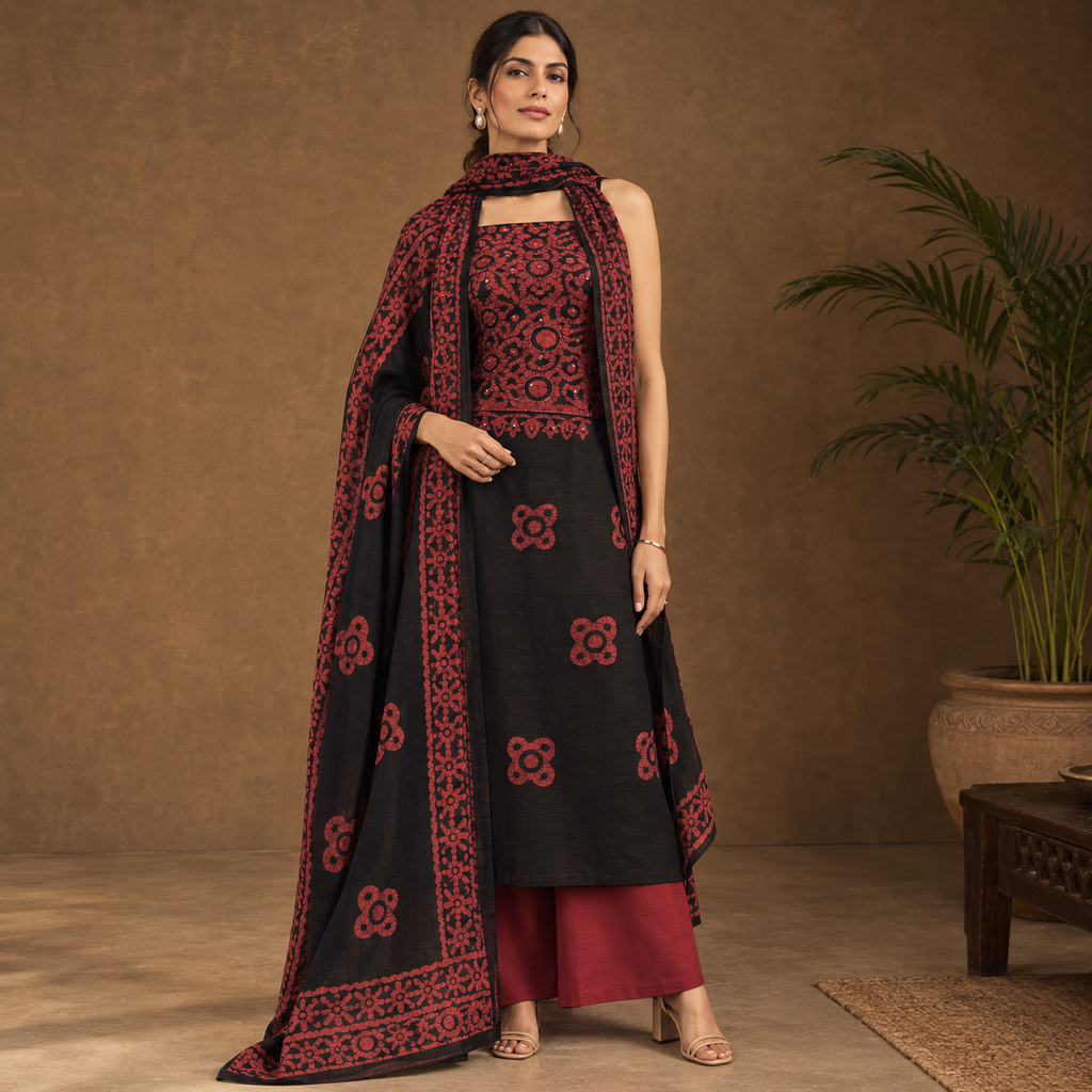 Rangrez Cotton Batik 3-Piece Unstitched Suit Set with Kota Doria Dupatta
