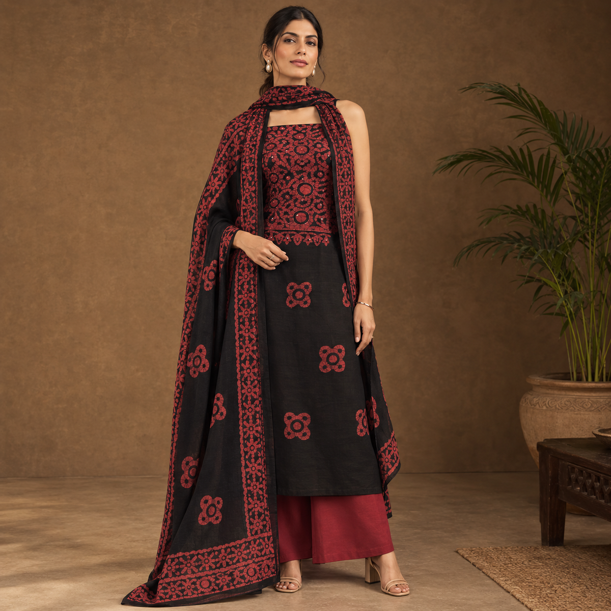 Rangrez Cotton Batik 3-Piece Unstitched Suit Set with Kota Doria Dupatta