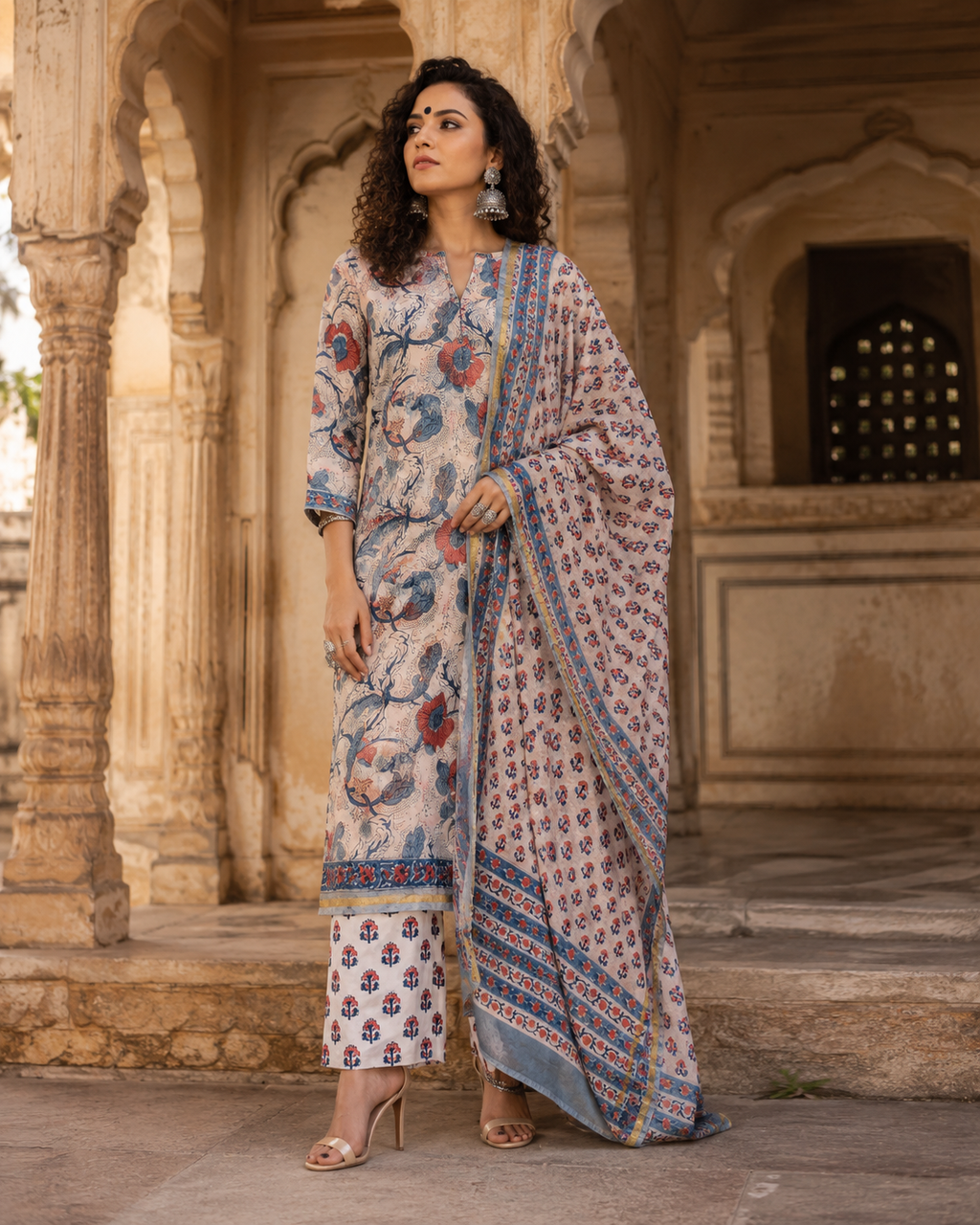 Bagh Chanderi Handblock Printed 3-Piece Unstitched Suit Set