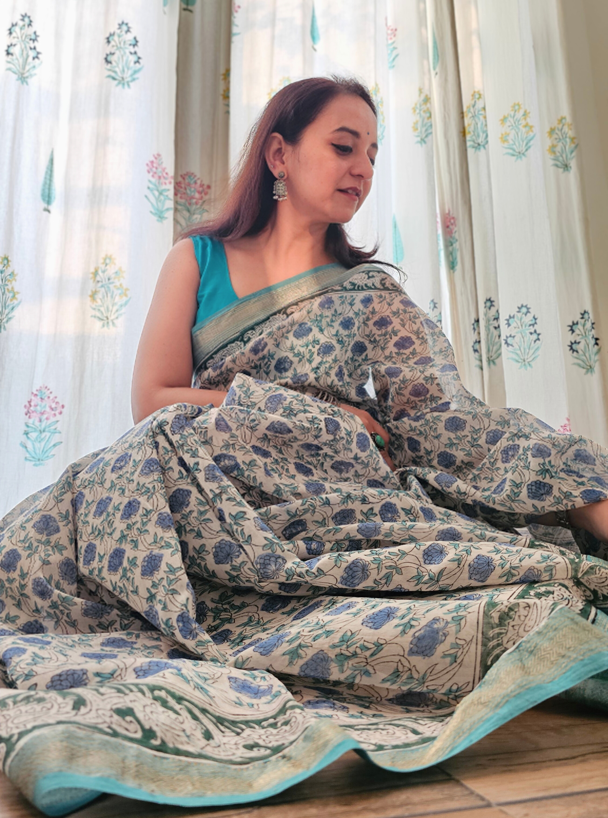 Blue Bloom Maheshwari Silk Blockprint Saree