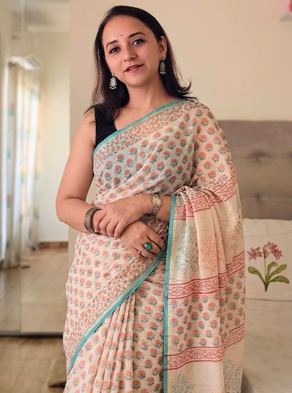 Ivory Chanderi Handblock Saree