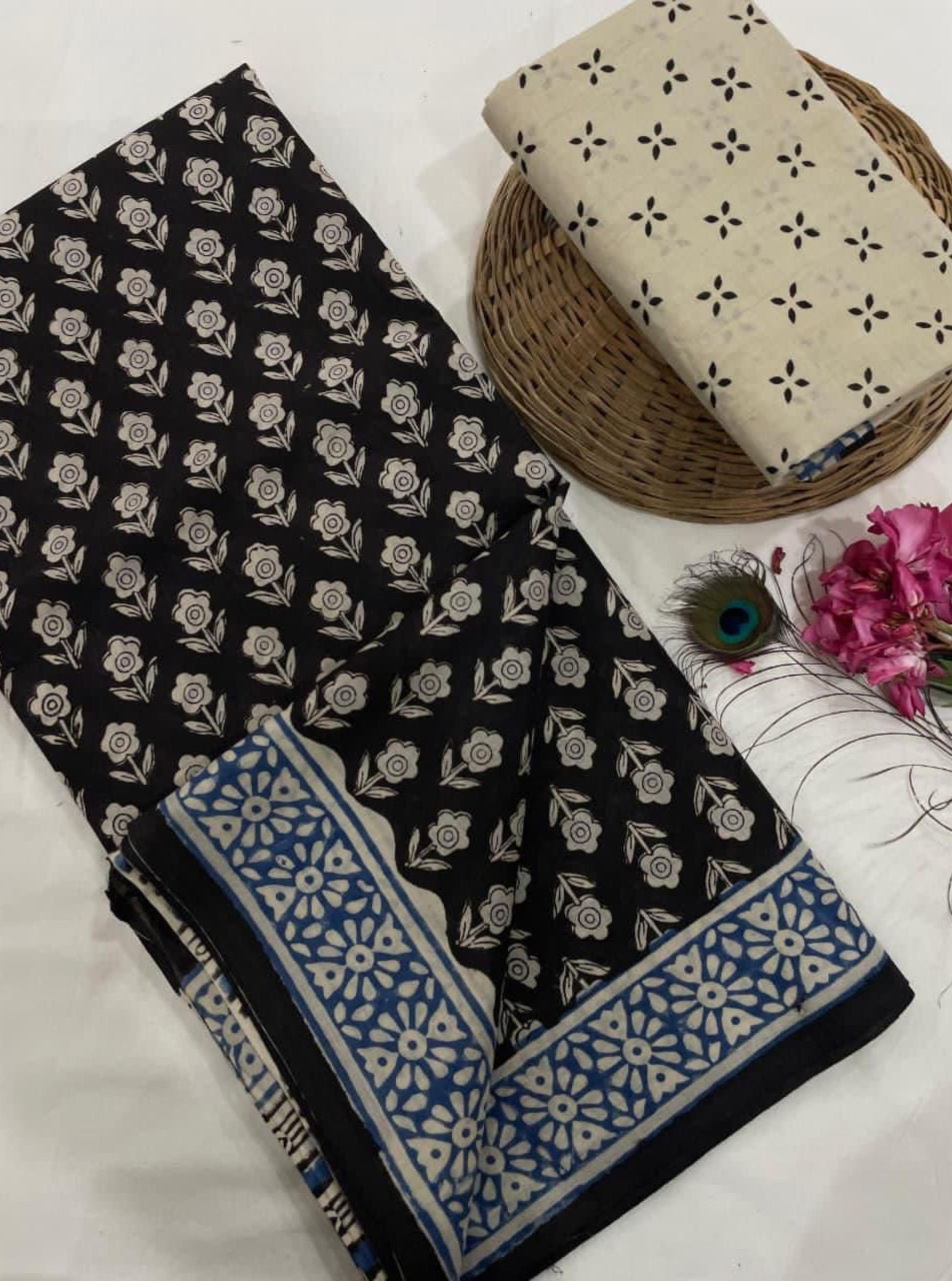 Midnight Bloom –Handblock Cotton Mulmul Saree