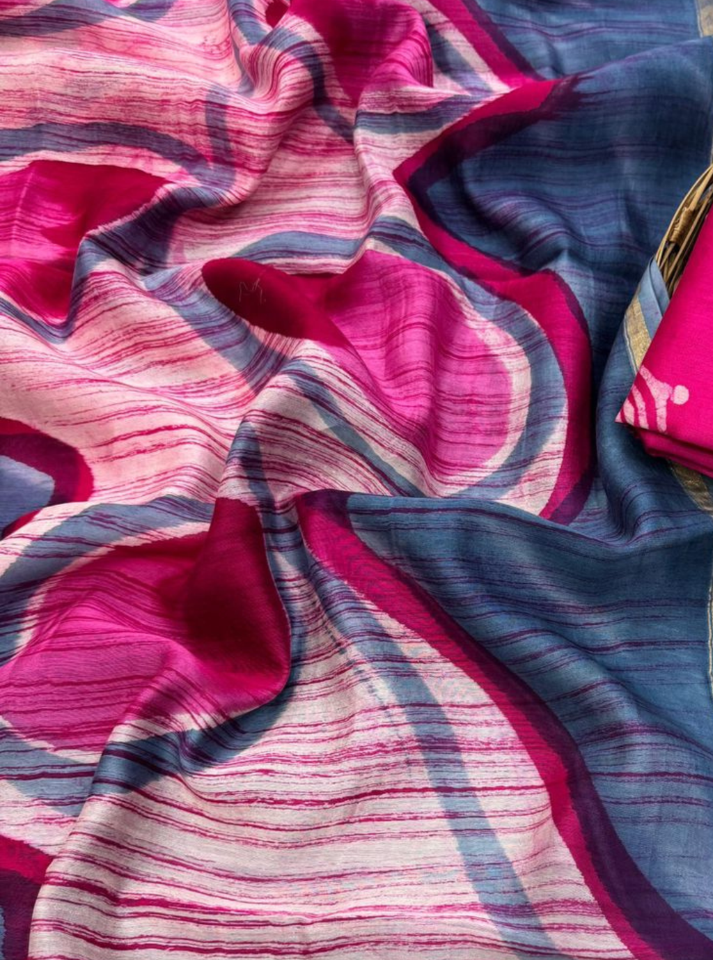 Rose Pink with Indigo Block Print Chanderi Silk Suit Set