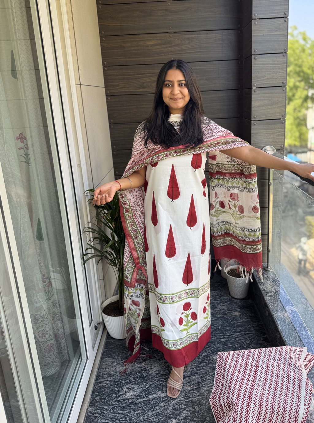Pankhudi White Handblock Cotton Mul Suit Set