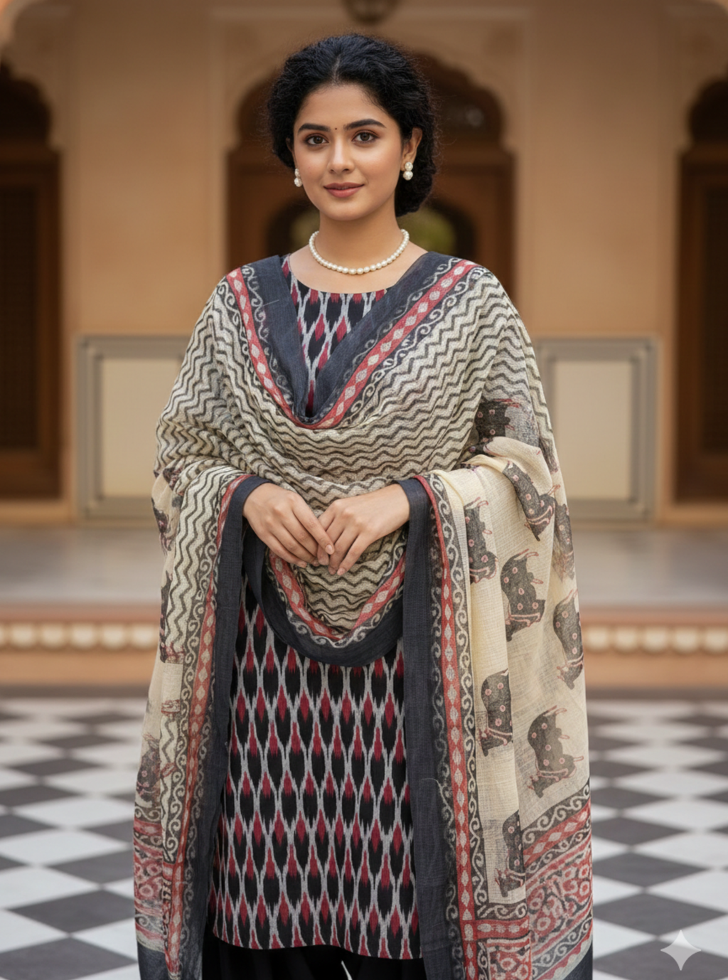 Pichwai Grace – Black Ikat Kurta with Kota Doriya Dupatta