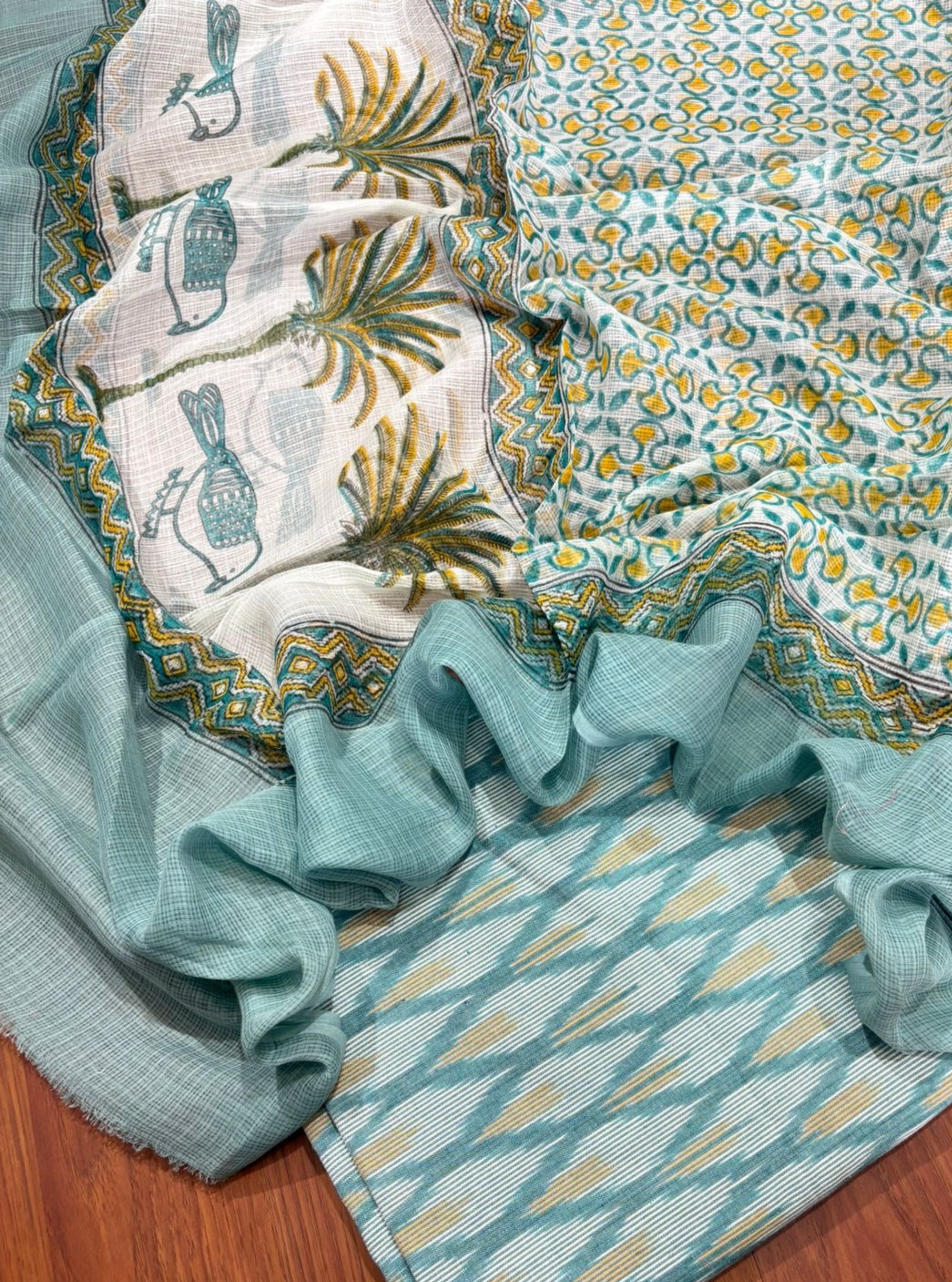 Aqua Ikat Cotton Kurta with Handblock Kota Doria Dupatta