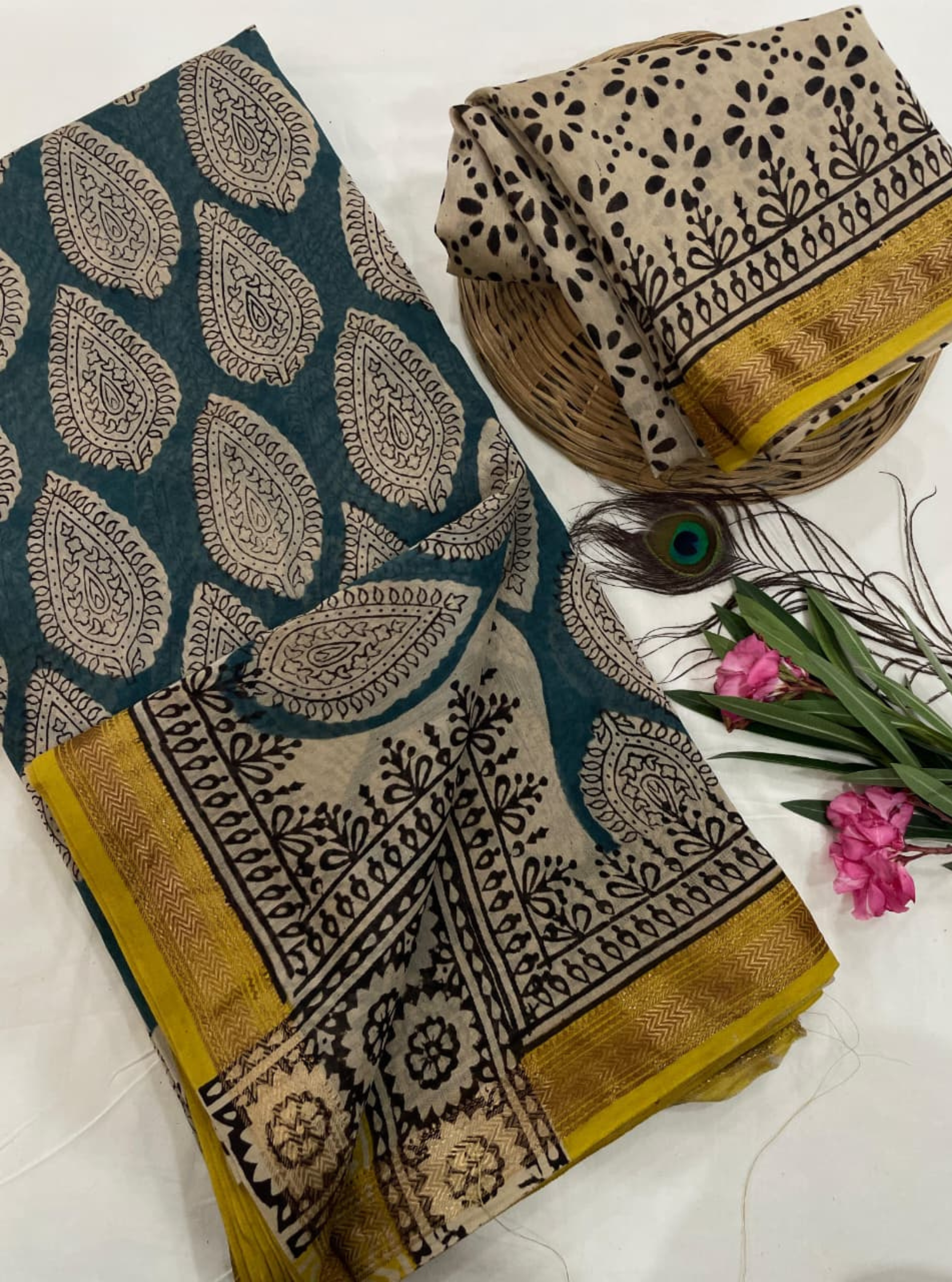 Teal Paisley Maheshwari Silk Blockprint Saree