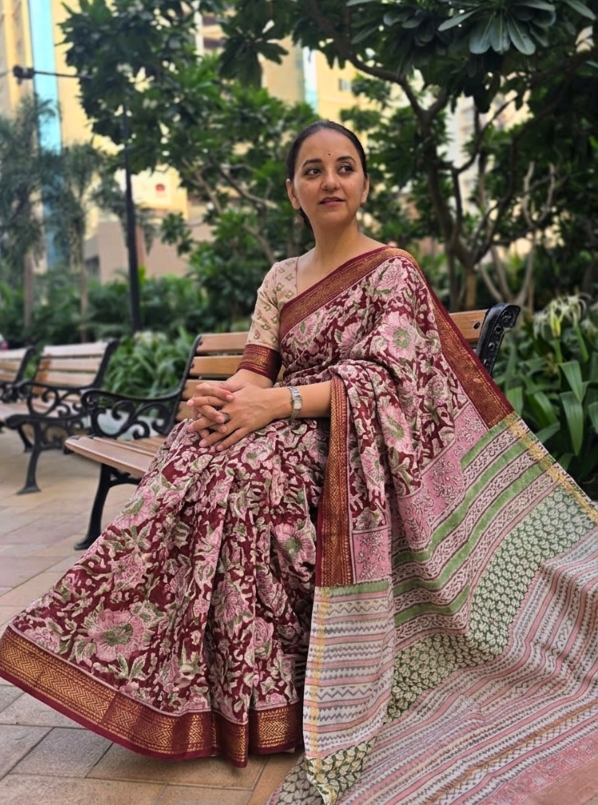 Rang-Bagh Maheshwari Handblock Silk Saree