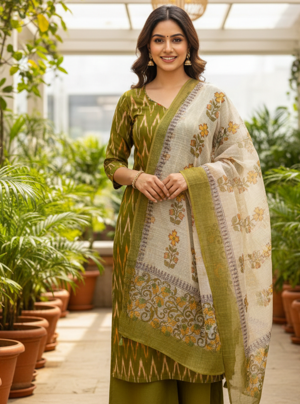 Aarna Green Ikkat Kurta with Kotadoriya dupatta