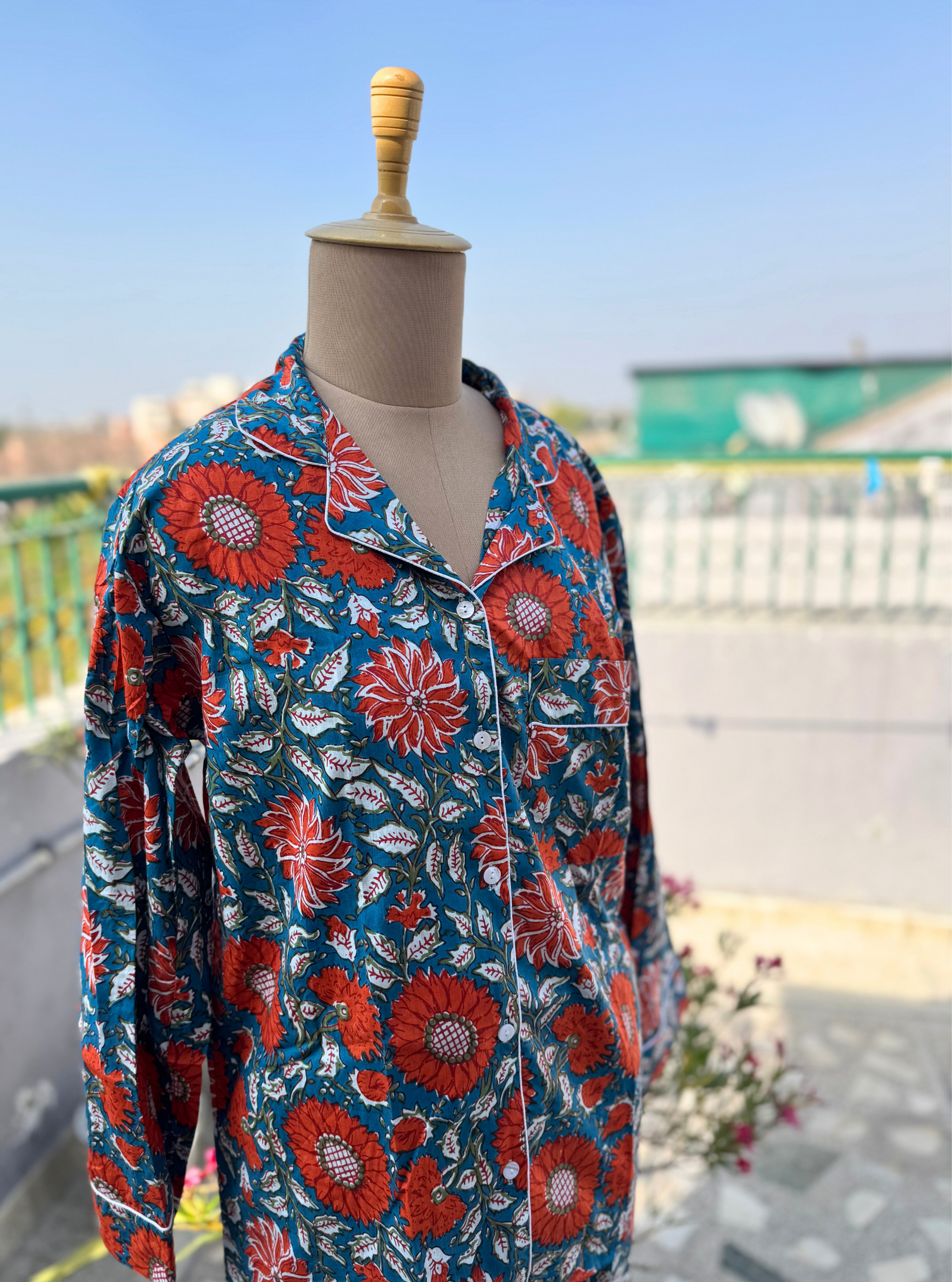 Blue Garden Blockprint Nightsuit