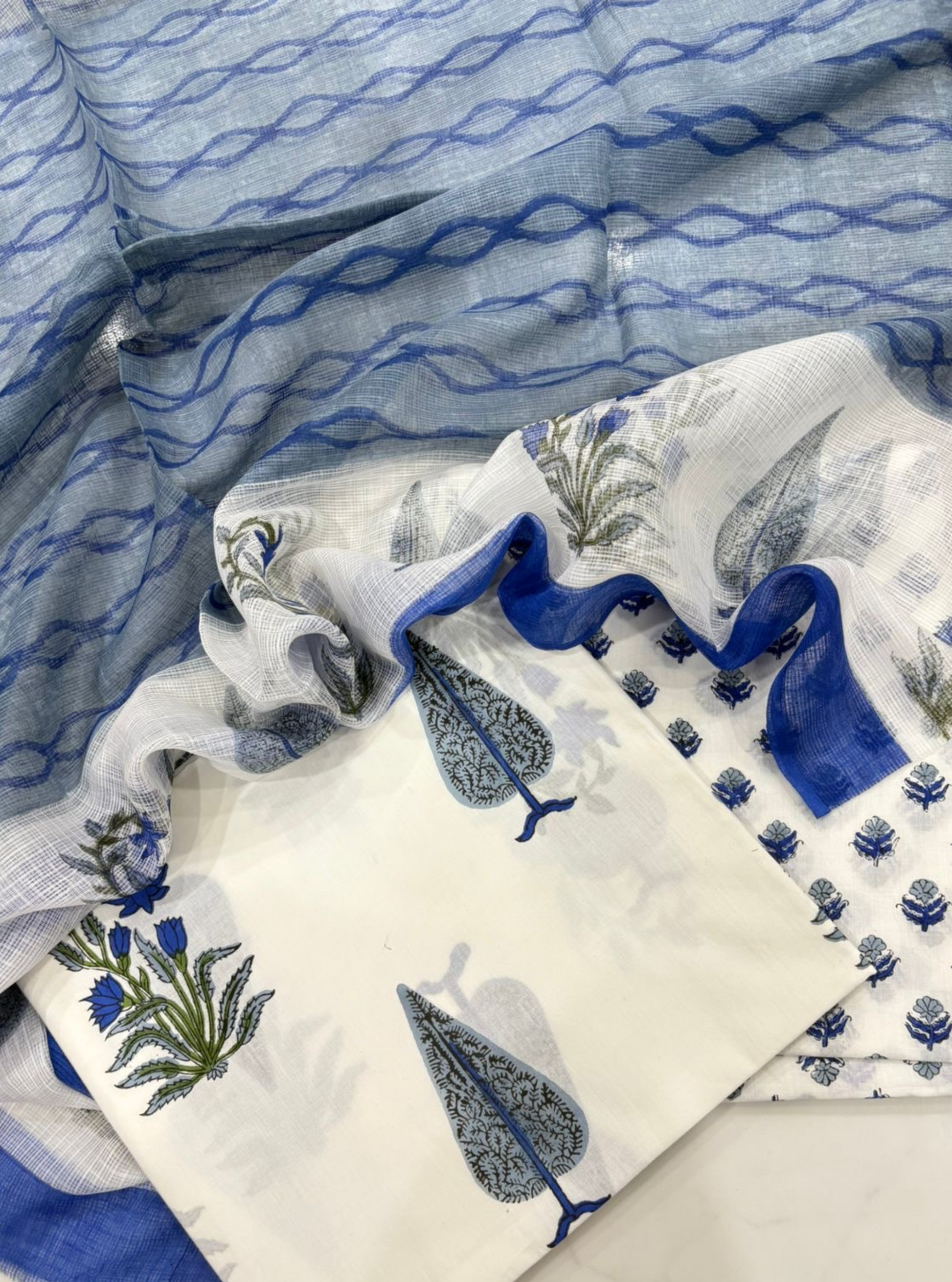 Blue Blossom Blockprint with Kota Doria Dupatta