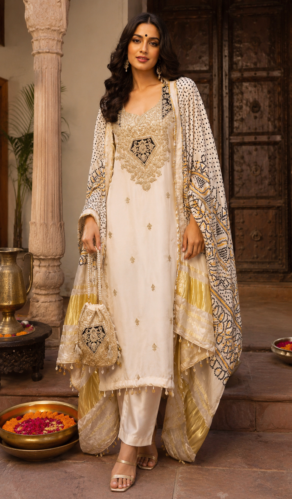 Rajwada Gajji Silk Bandhani Unstitched Suit Set with Embroidered Dupatta & Potli