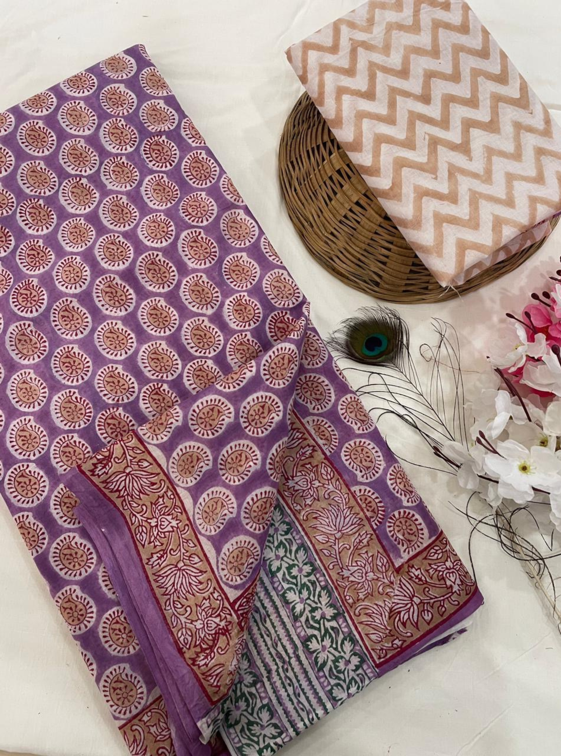 Lavender Handblock Cotton Linen Saree