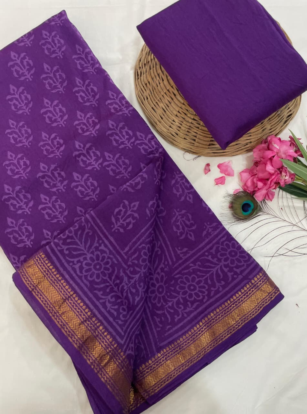 Regal Purple Zari-Border Maheshwari Saree