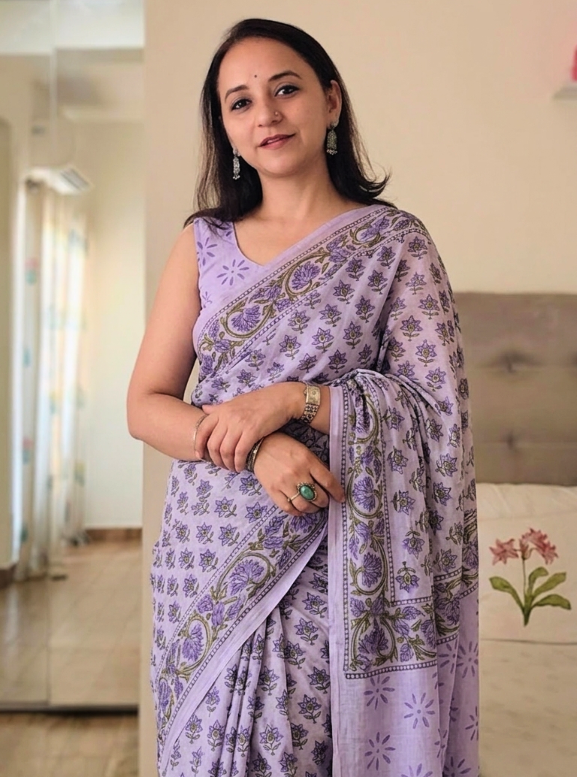Lilac lush Mulmul Cotton Saree