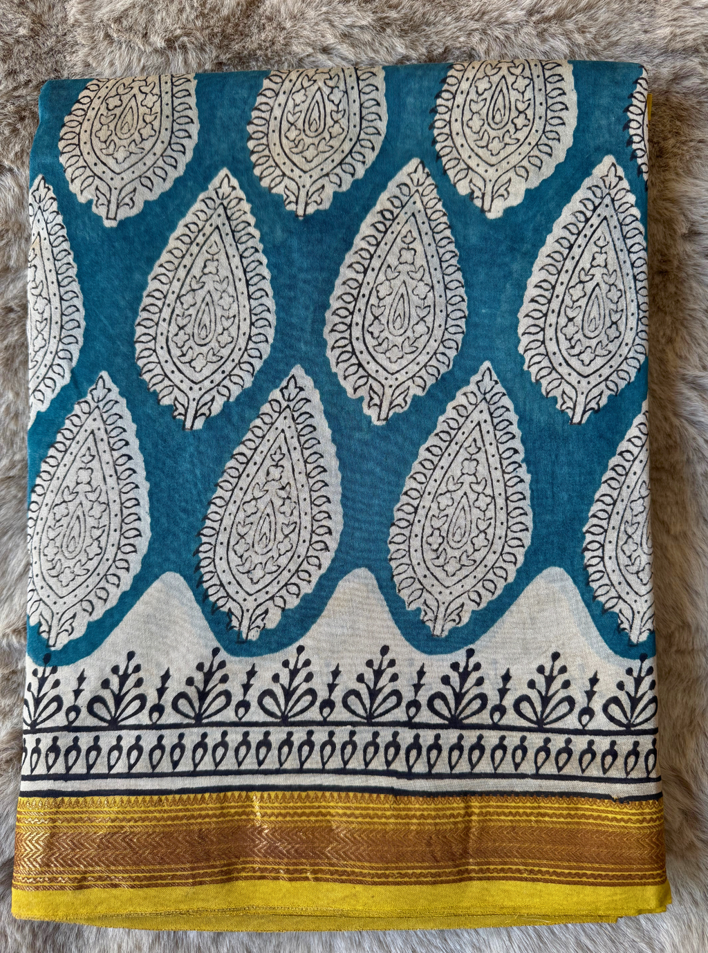 Teal Paisley Maheshwari Silk Blockprint Saree