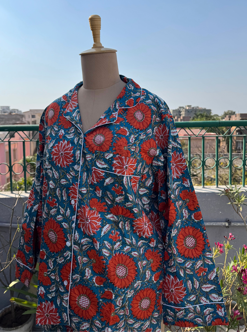 Blue Garden Blockprint Nightsuit