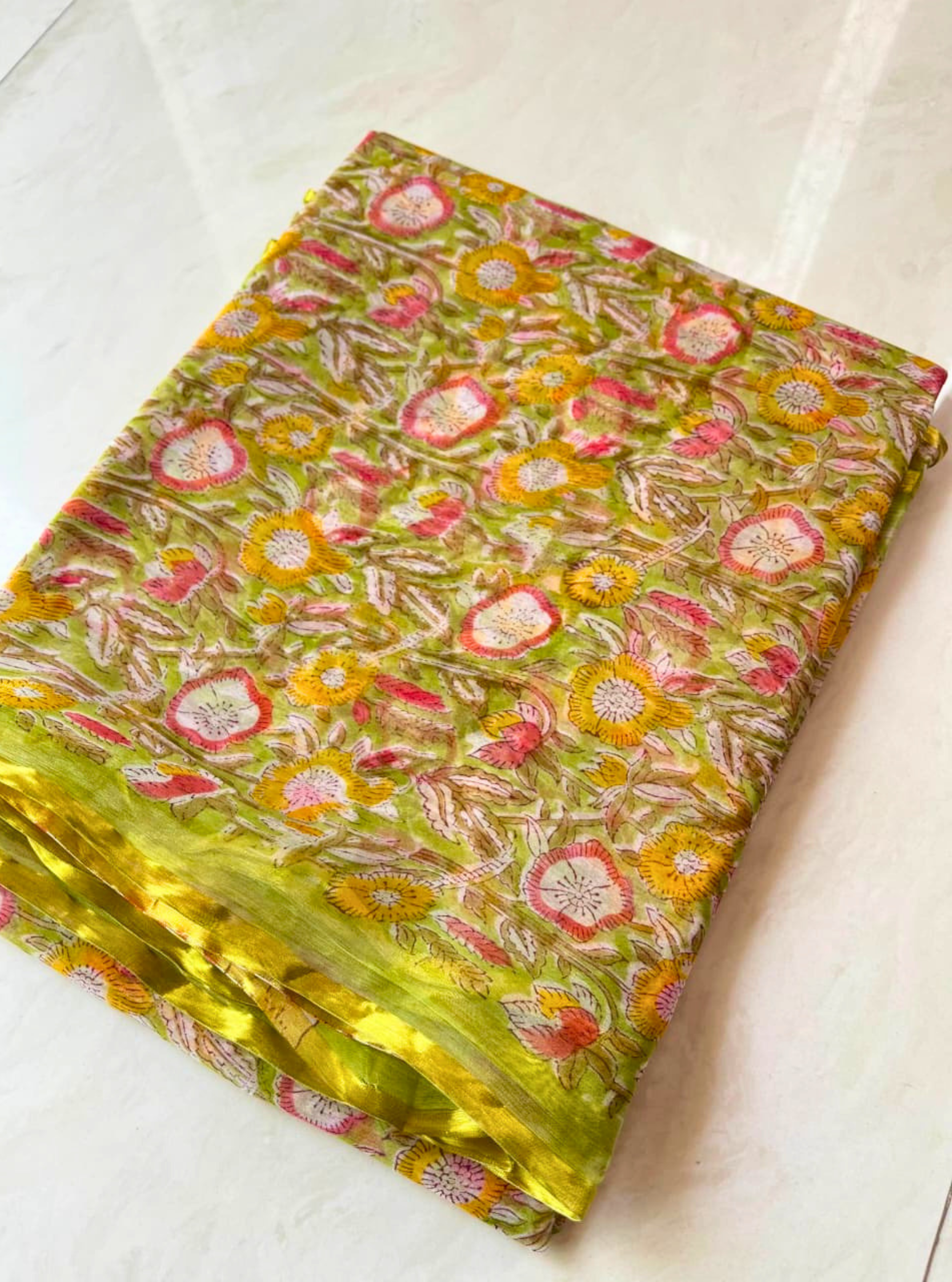 Olive Green Chiffon Handblock Saree