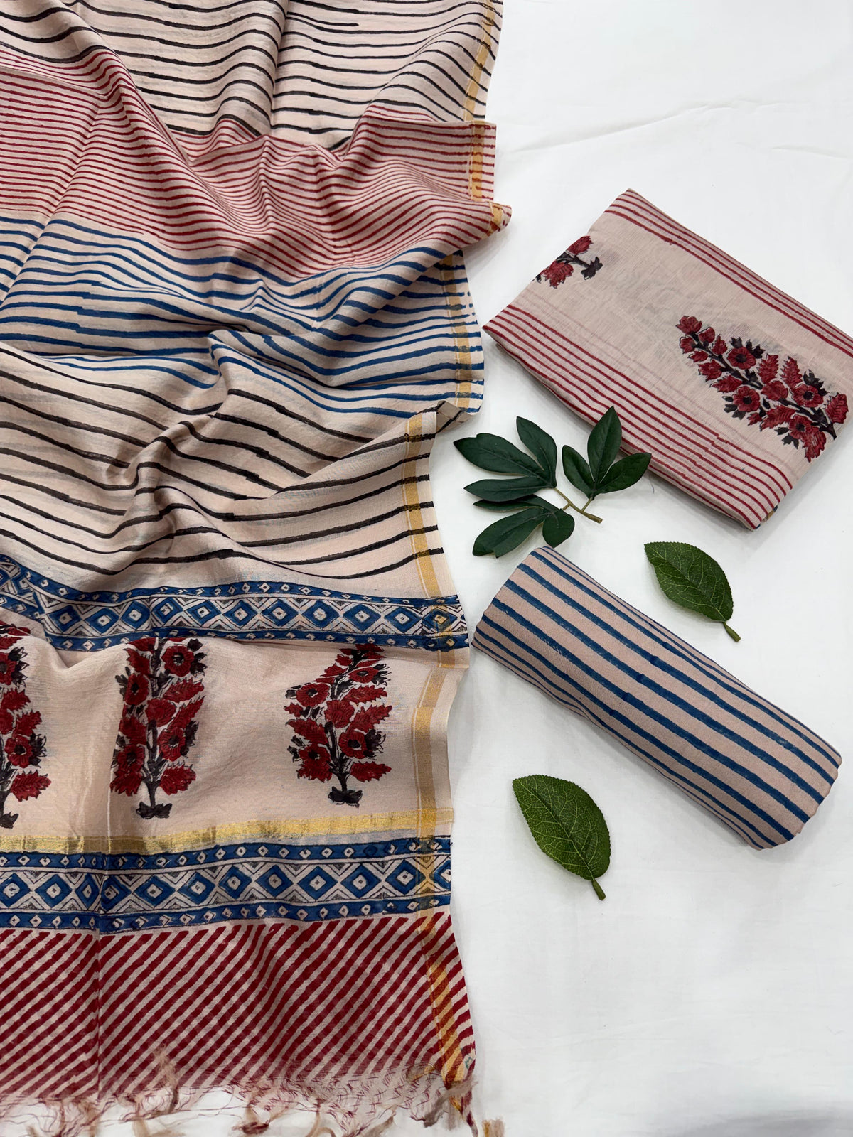 Gulnaar Ivory Chanderi Handblock 3 Piece-Unstitched Suit Set