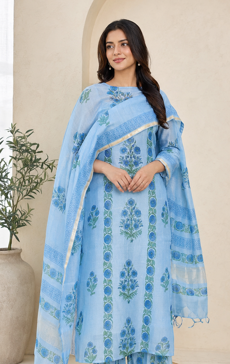 Powder blue Handblock Mul Chanderi Suit Set