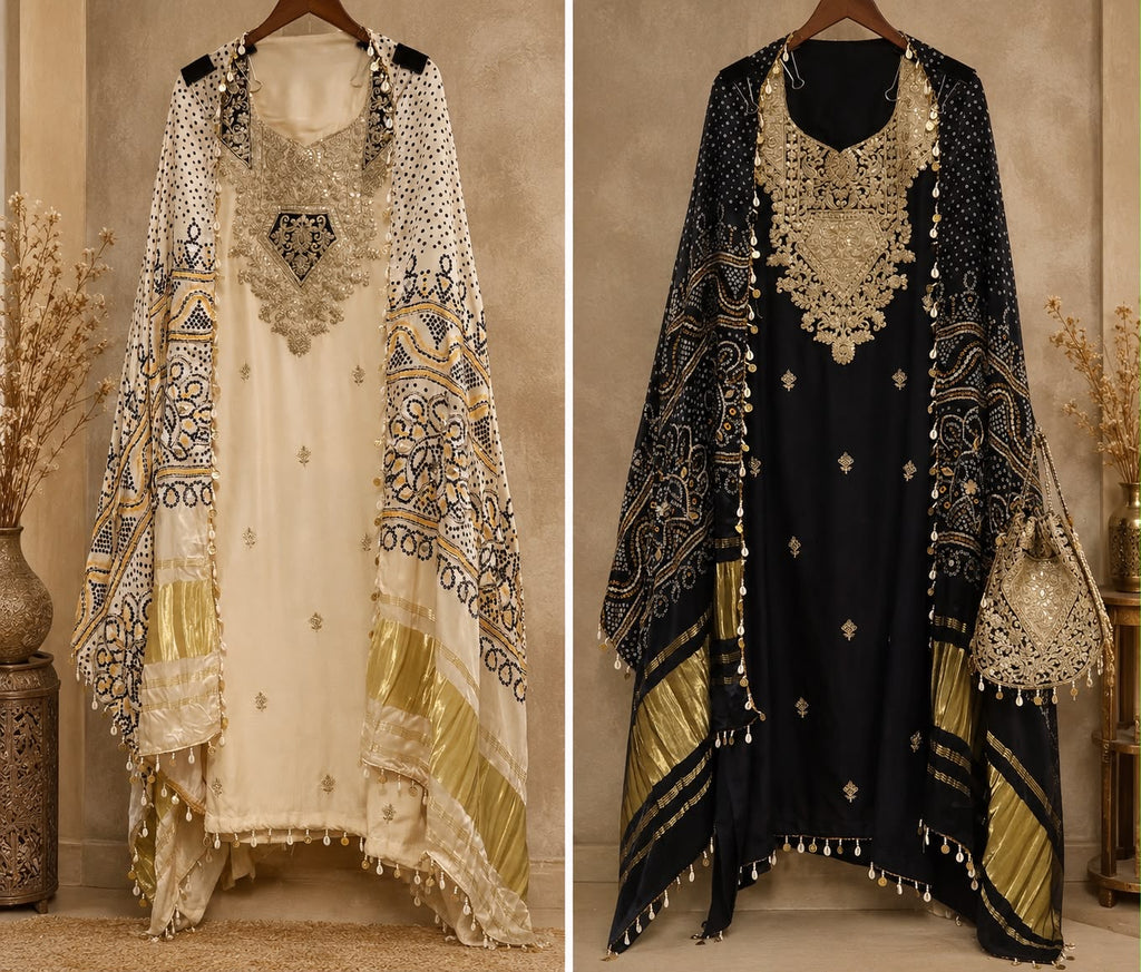 Rajwada Gajji Silk Bandhani Unstitched Suit Set with Embroidered Dupatta & Potli