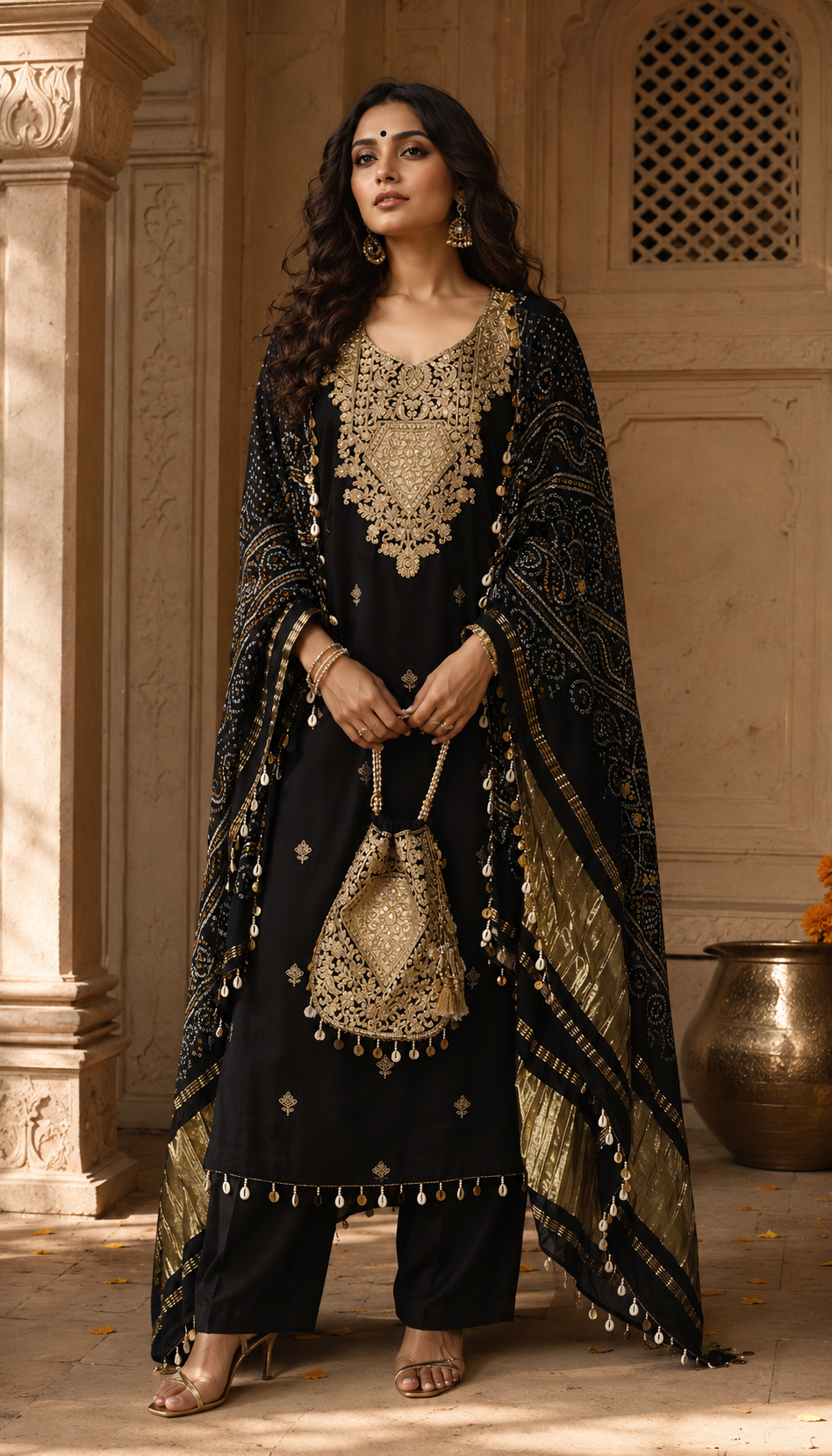 Rajwada Gajji Silk Bandhani Unstitched Suit Set with Embroidered Dupatta & Potli