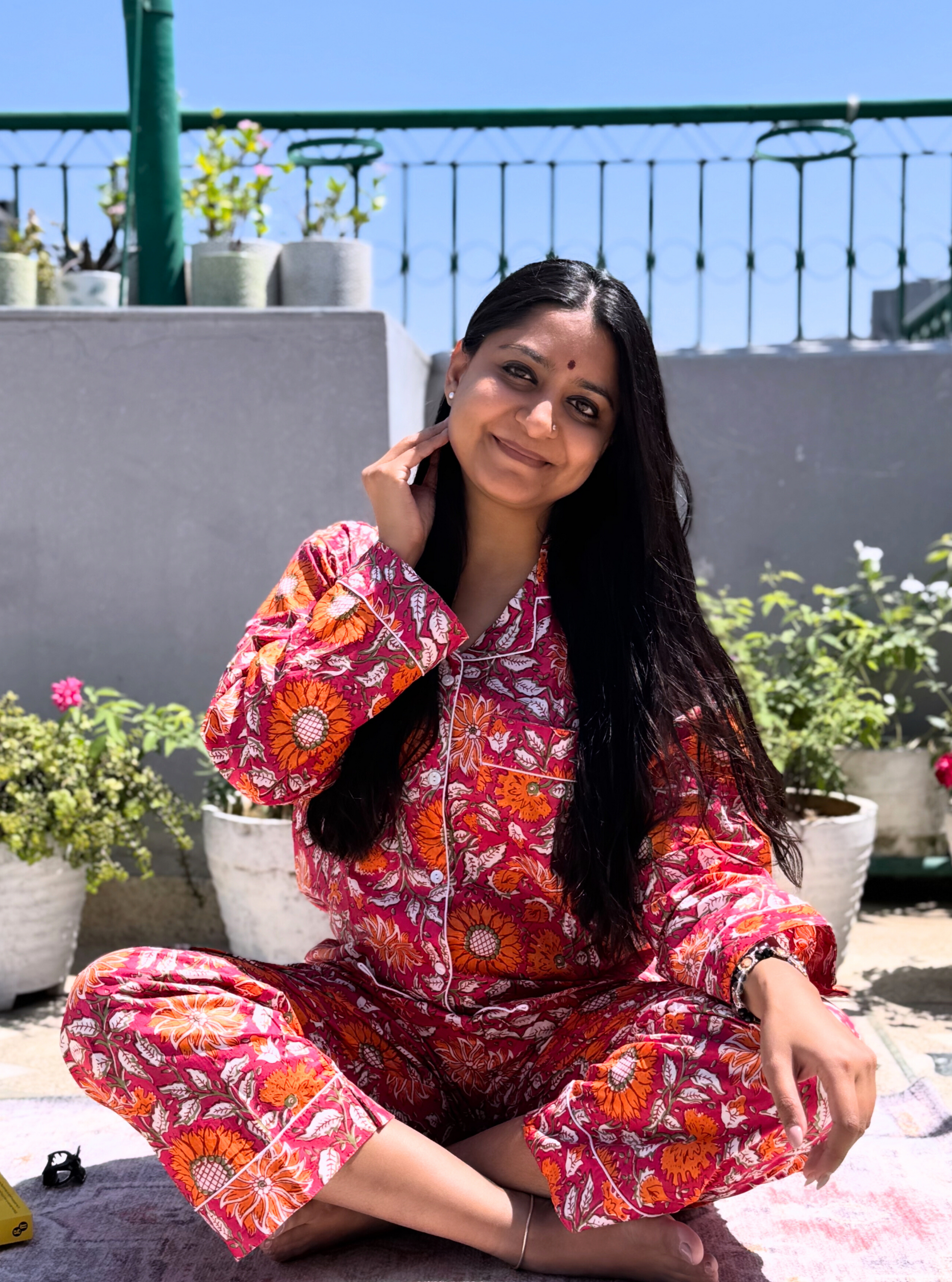 Orange Bloom Blockprint Nightsuit