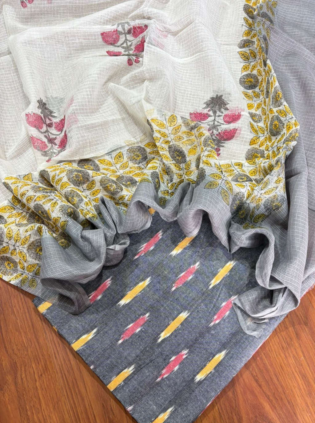 Grey Blossom Ikat Cotton Kurta with Printed Kota Doria Dupatta
