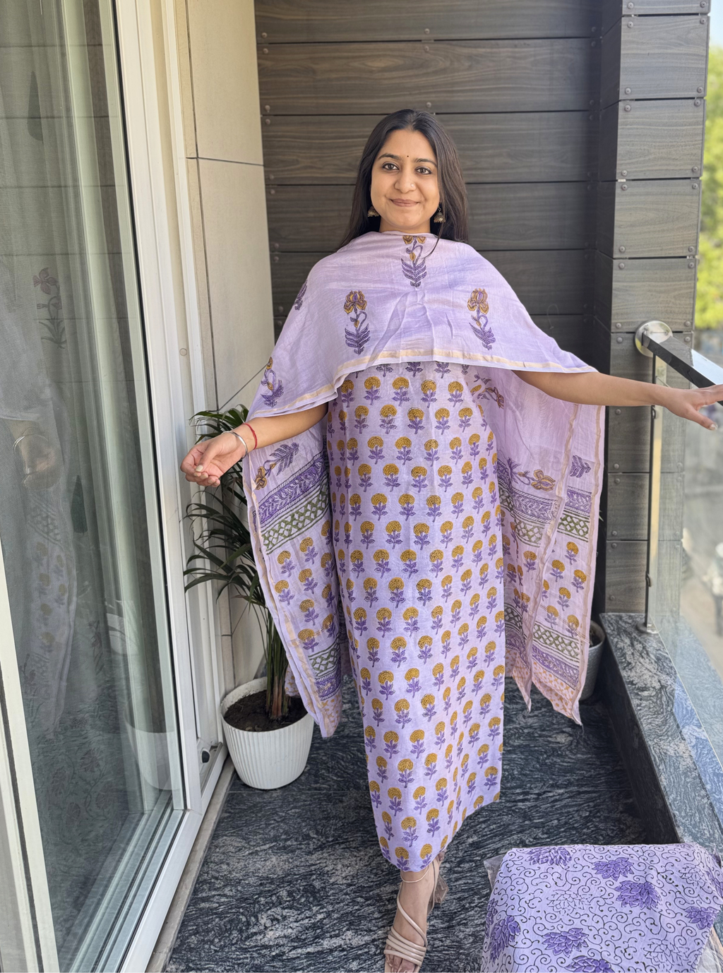 Lavender Floral Handblock Chanderi Suit Set