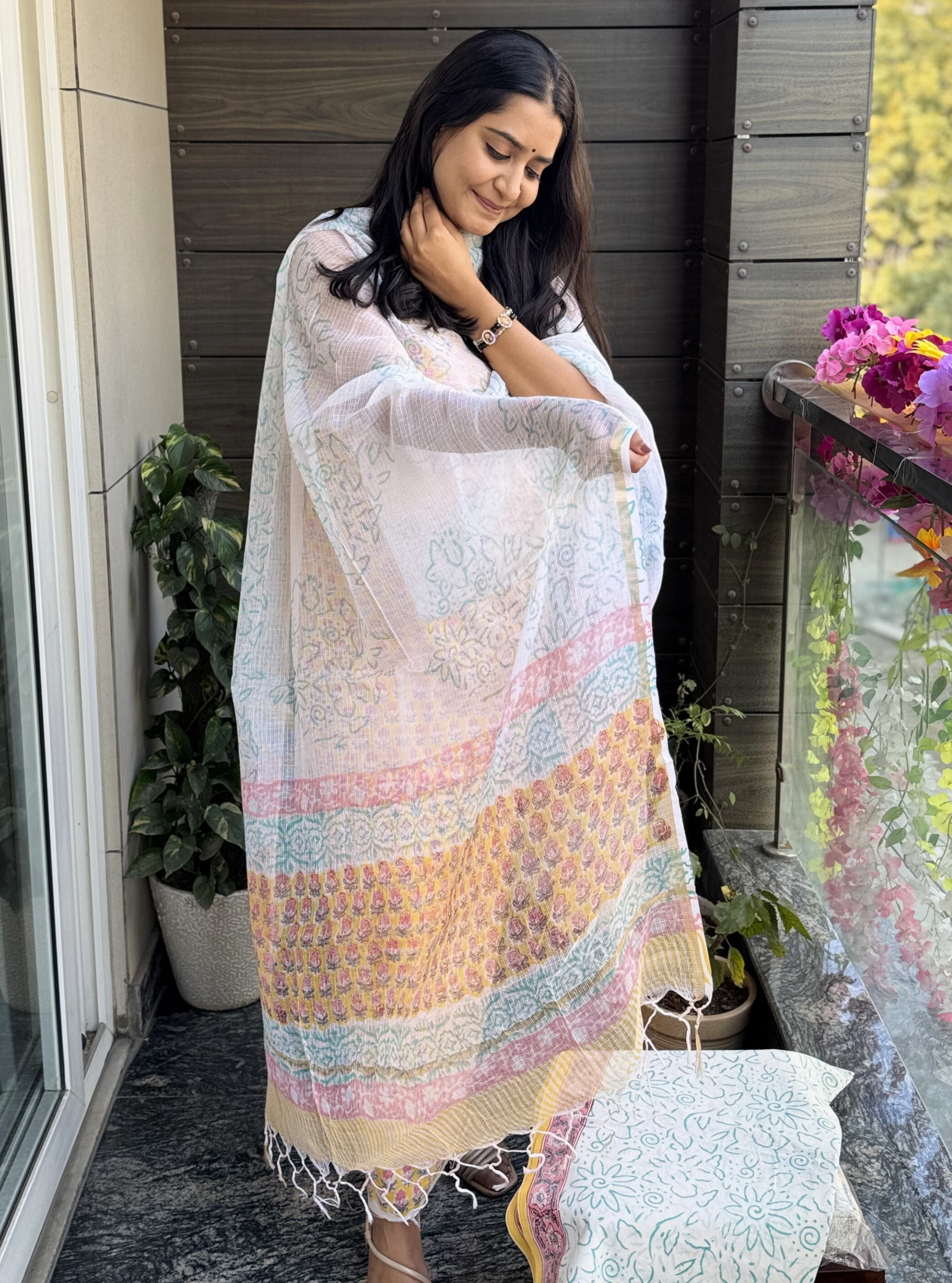 Mustard Aqua Phool Cotton Mul Suit Set with Kotadoriya Dupatta