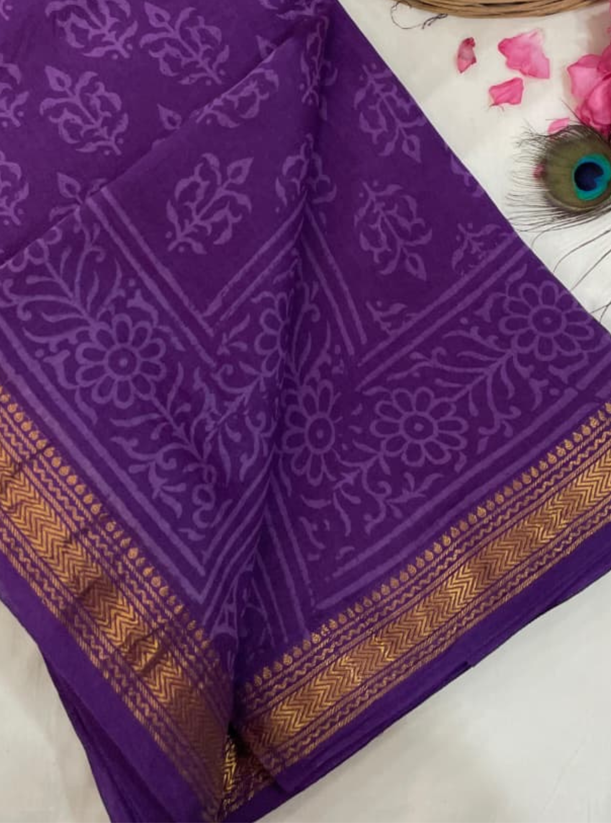 Regal Purple Zari-Border Maheshwari Saree