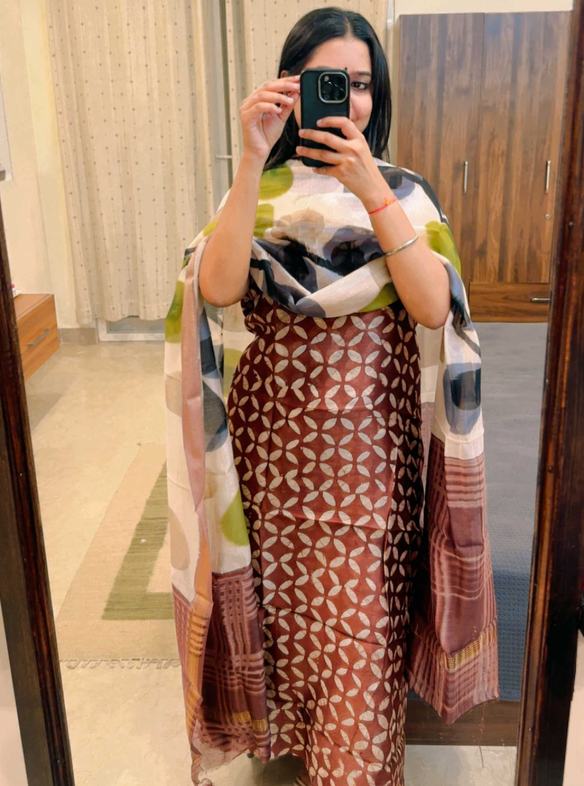 Coffee Bloom Maheshwari Handblock Suit Set