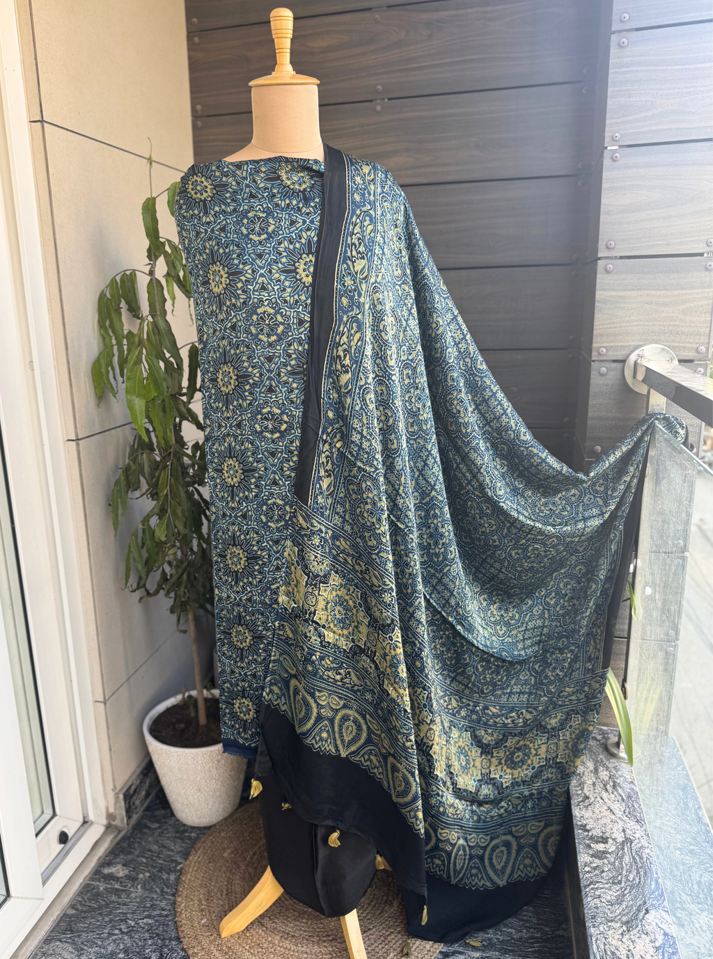 Royal Blue Ajrakh Modal Silk 3-Piece Suit