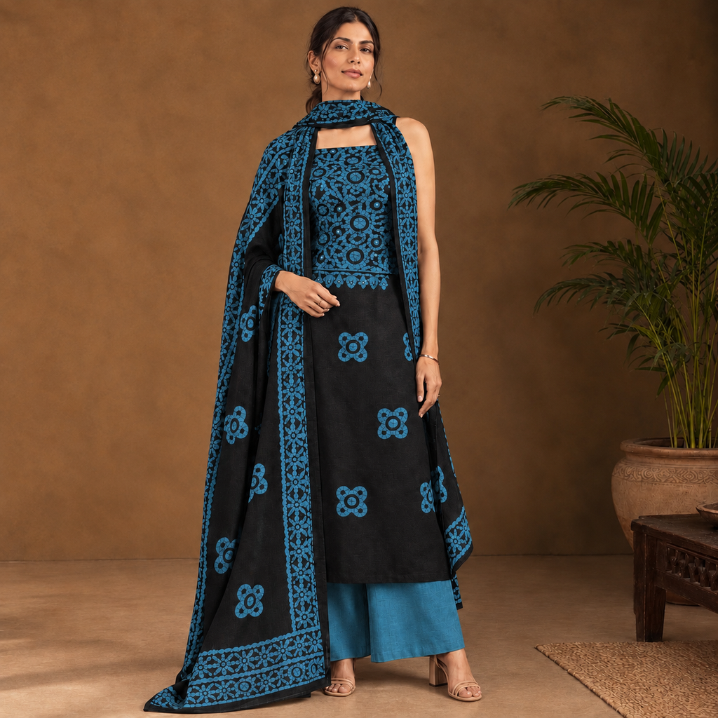 Rangrez Cotton Batik 3-Piece Unstitched Suit Set with Kota Doria Dupatta